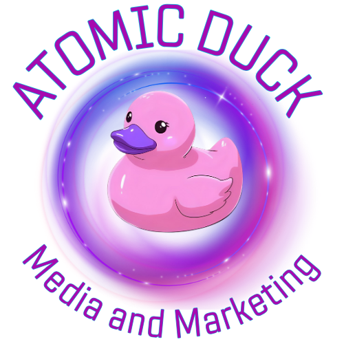 A logo featuring a pink rubber duck against a purple cosmic background, with the text 'Atomic Duck Media and Marketing' arching around the duck.