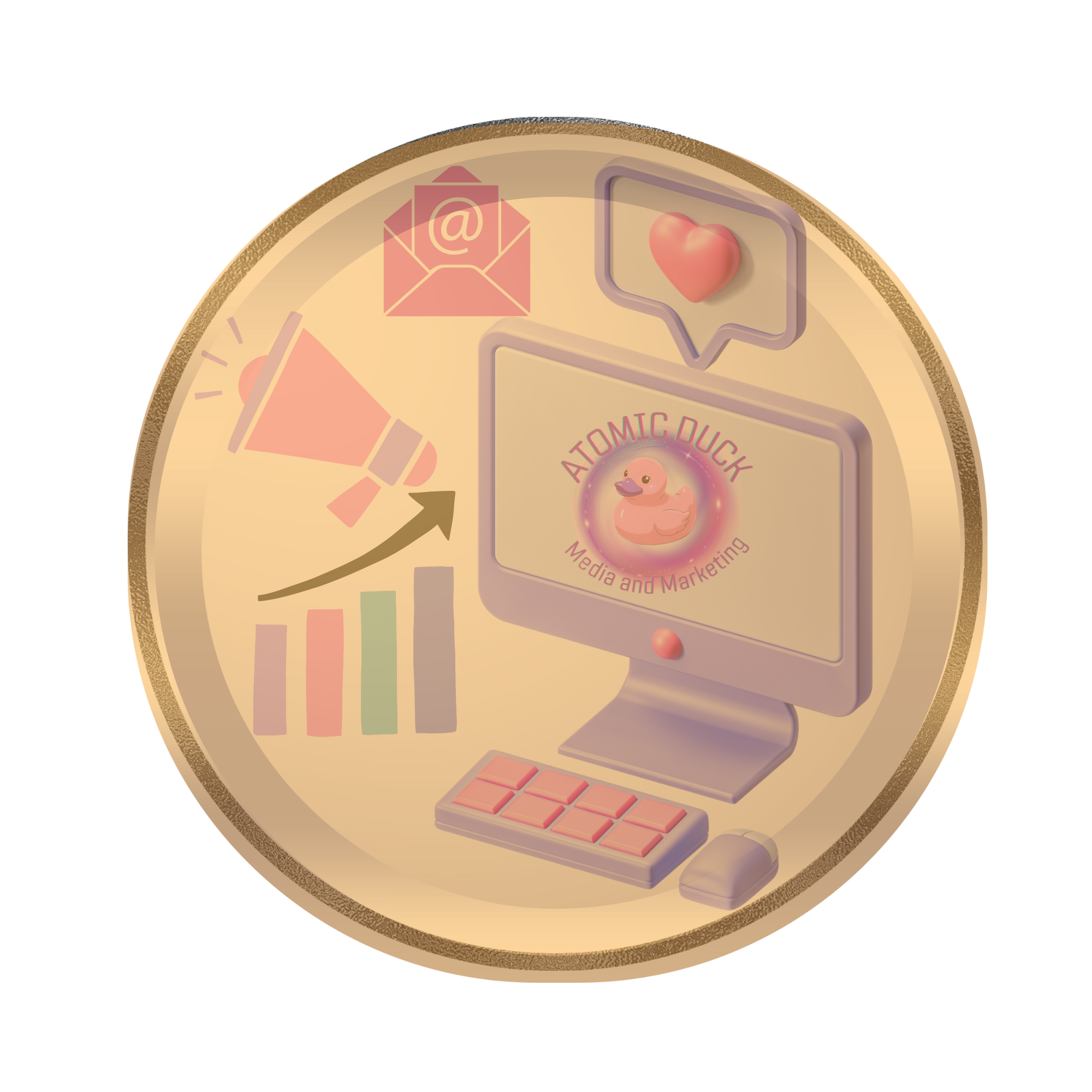 Digital illustration of media and marketing elements featuring a computer monitor with 'Atomic Duck Media and Marketing' logo, a rising bar chart with an upward arrow, an email icon, a megaphone, and a speech bubble with a heart, all in pastel colors.