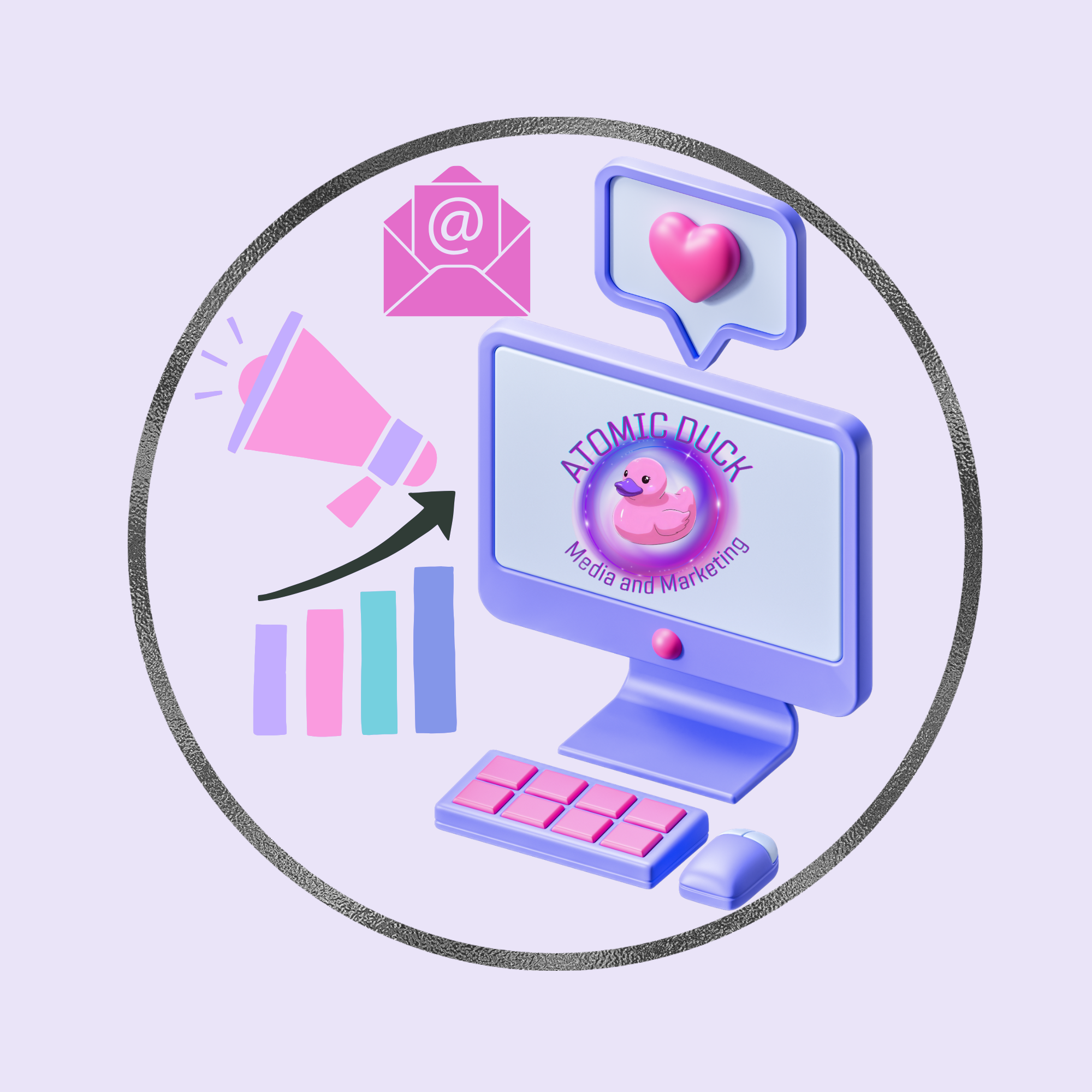 A computer monitor displaying a logo for Atomtic Duck Media and Marketing, surrounded by icons including a pink heart in a speech bubble, an email envelope, a megaphone with an upward arrow, and a bar chart with increasing bars.
