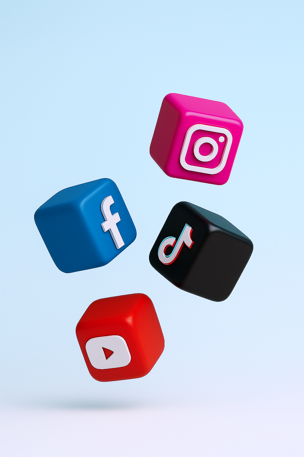 Floating 3D social media app icons for Instagram, Facebook, TikTok, and YouTube against a light blue background.