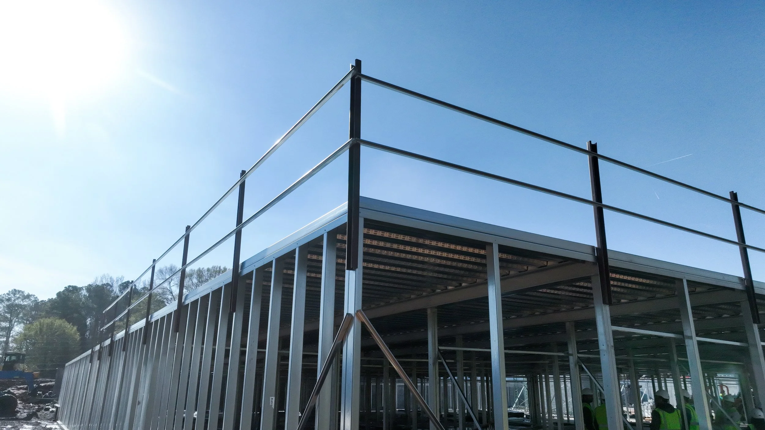 Metal frame of a storage facility with metal railing