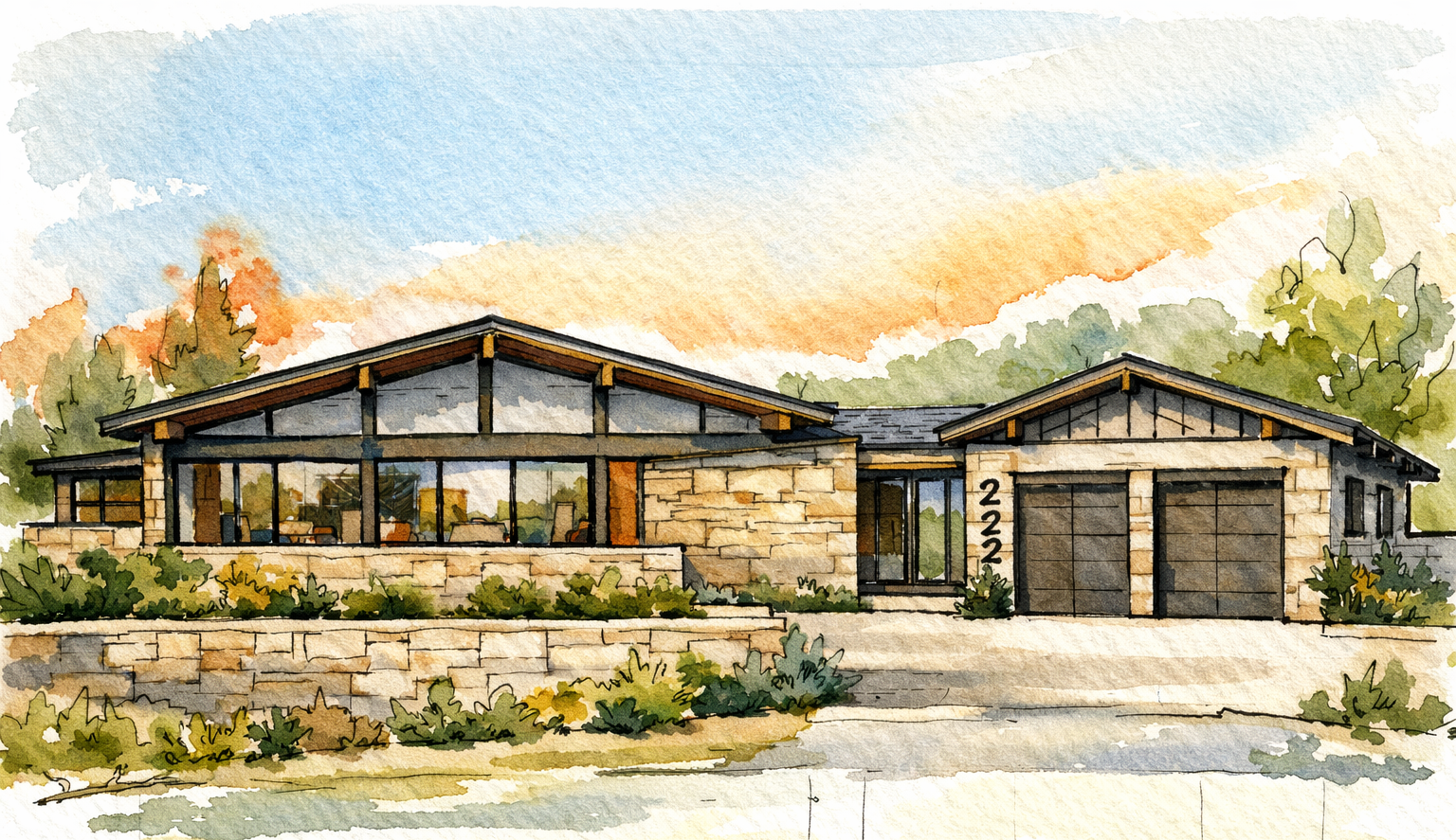 Watercolor painting of a mid-century modern single-story house with large windows, stone and wood exterior, and double garage door, set against a colorful sky with trees in the background.