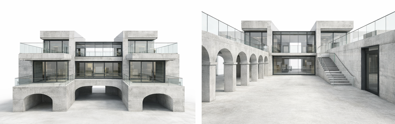 Modern concrete building with large glass windows, arched supports, and outdoor terrace with glass railings, viewed from the front and interior courtyard.