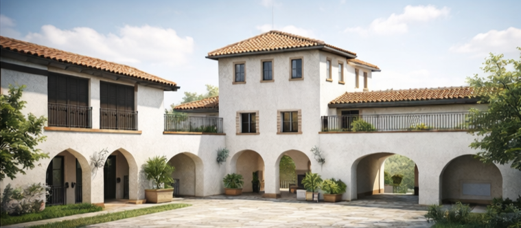 A Spanish-style villa with white stucco walls, terracotta roof tiles, and arched doorways, surrounded by greenery.
