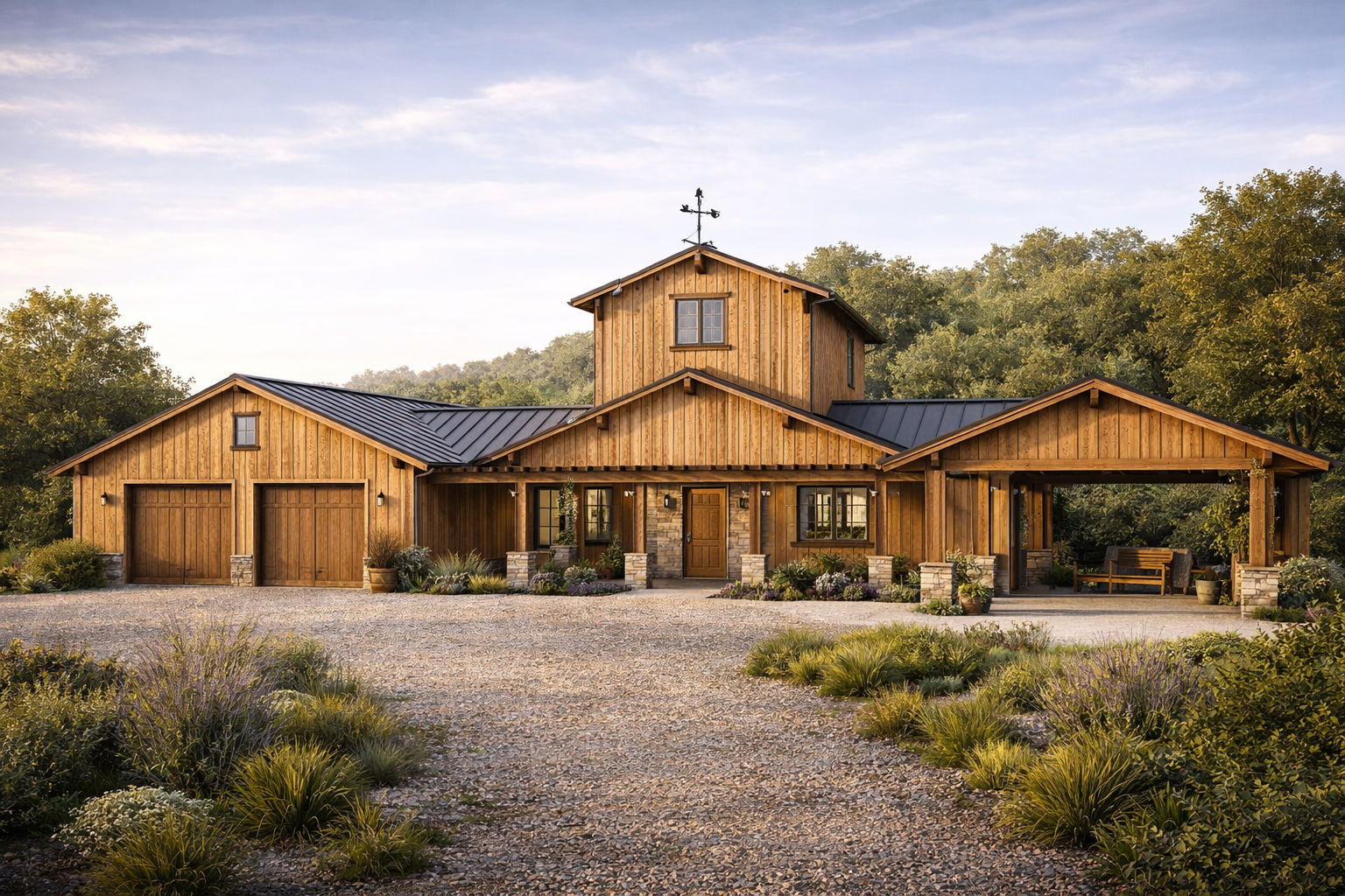 A rustic wooden house with a three-car garage, surrounded by a gravel driveway and landscaped plants, with a backdrop of trees and a partly cloudy sky.