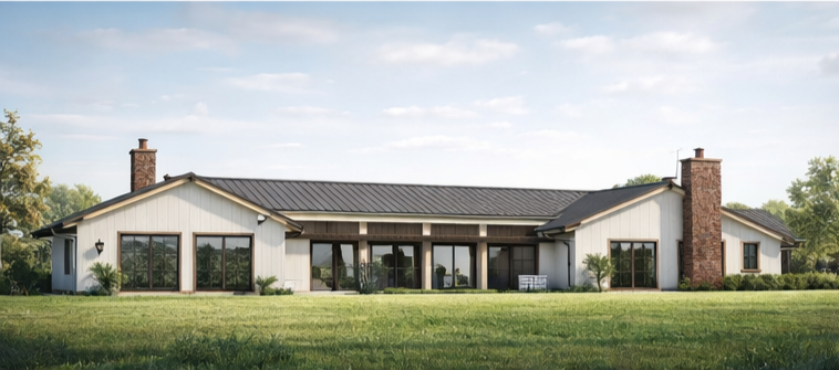 A single-story house with a metal roof, brick chimneys, large windows, and a porch, surrounded by a grassy lawn and trees.