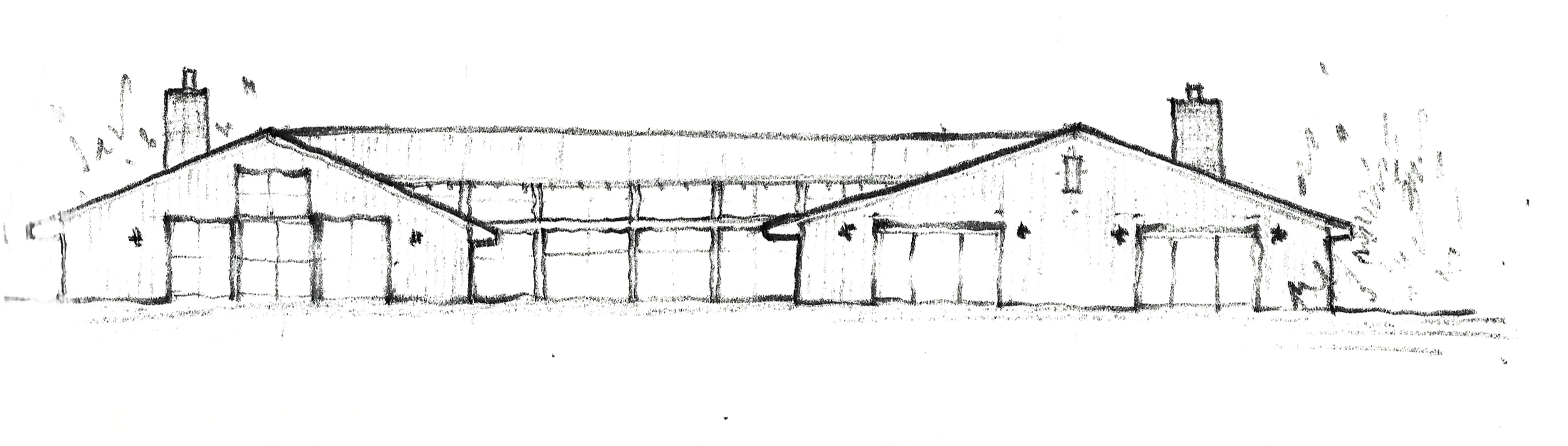Sketch of a single-story house with two symmetrical wings and a central section, multiple garage doors, chimneys, and trees in the background.