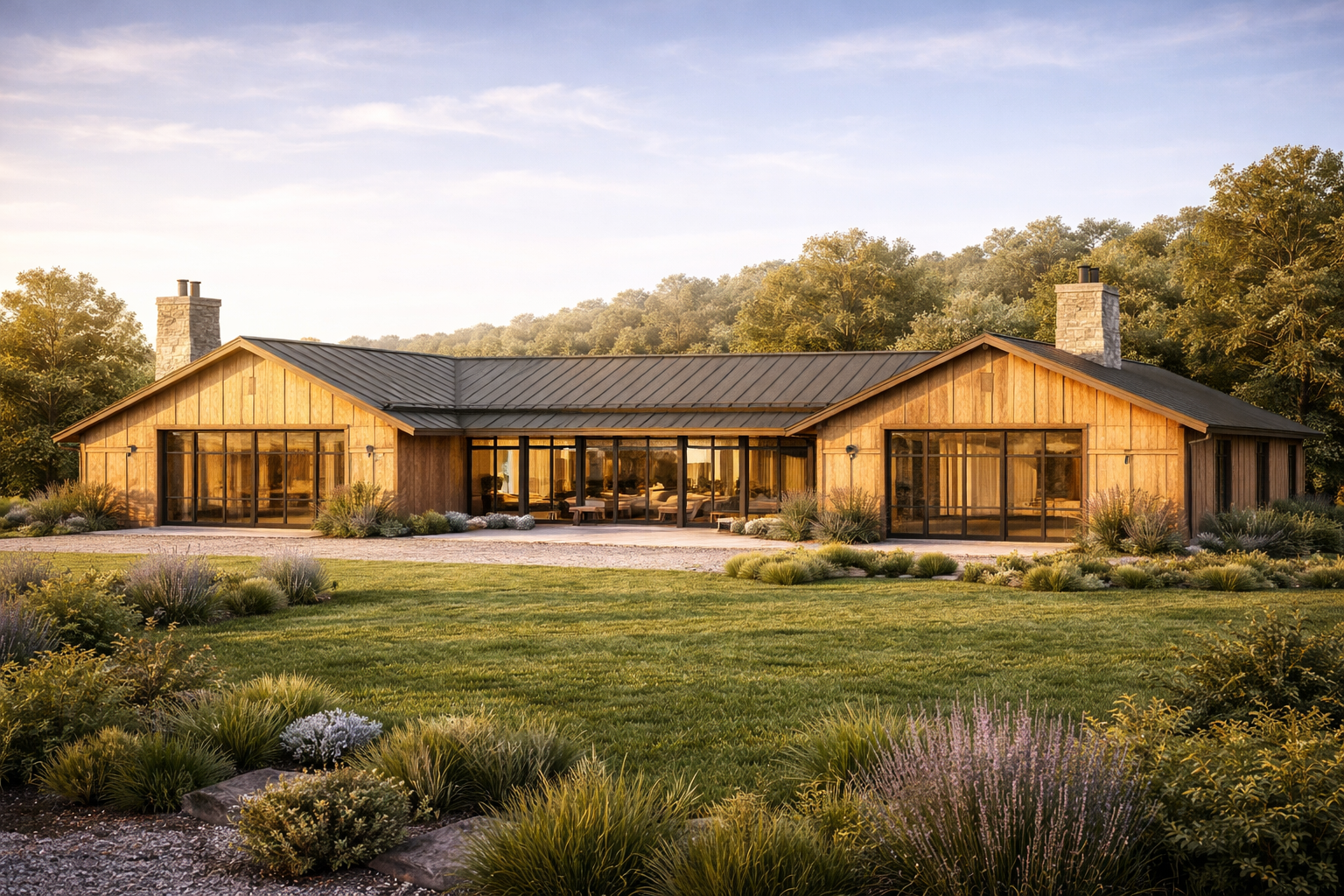 A single-story house with wooden exterior walls, large glass sliding doors, a metal roof, surrounded by landscaped greenery, with trees and a clear sky in the background.
