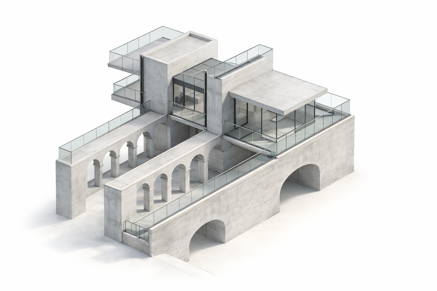 Modern concrete building with large glass windows, multiple terraces with glass railings, and arched openings on a white background.