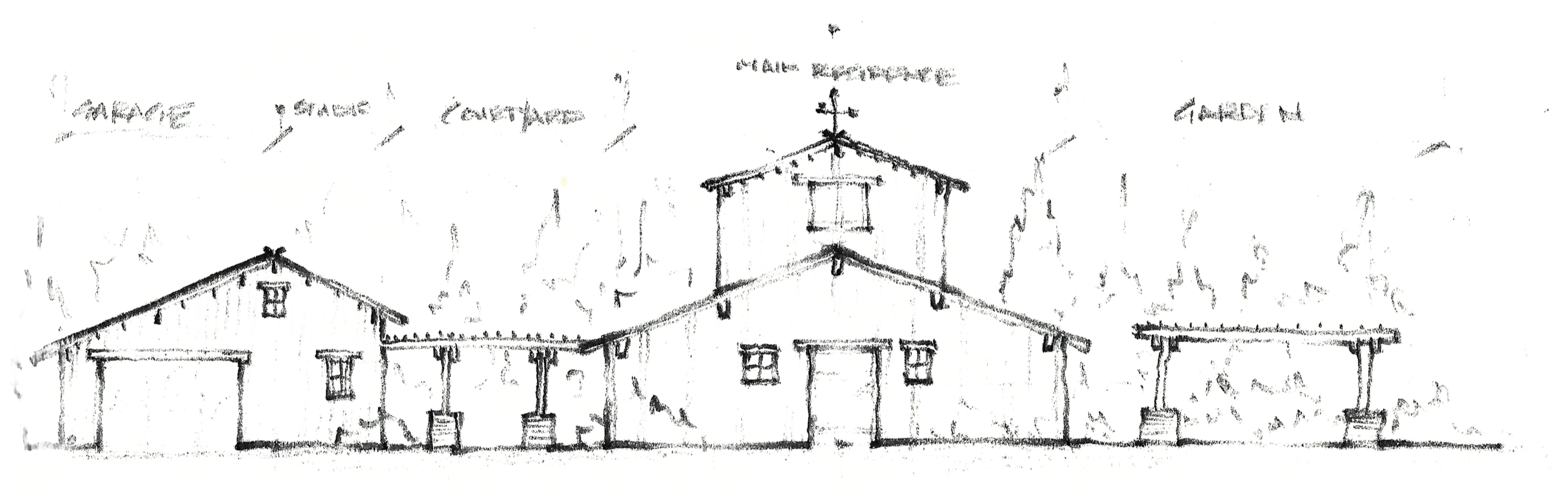 Sketch of a rustic, barn-like building with a steeple, labeled as 'Main Residence' and 'Garage,' with trees in the background.