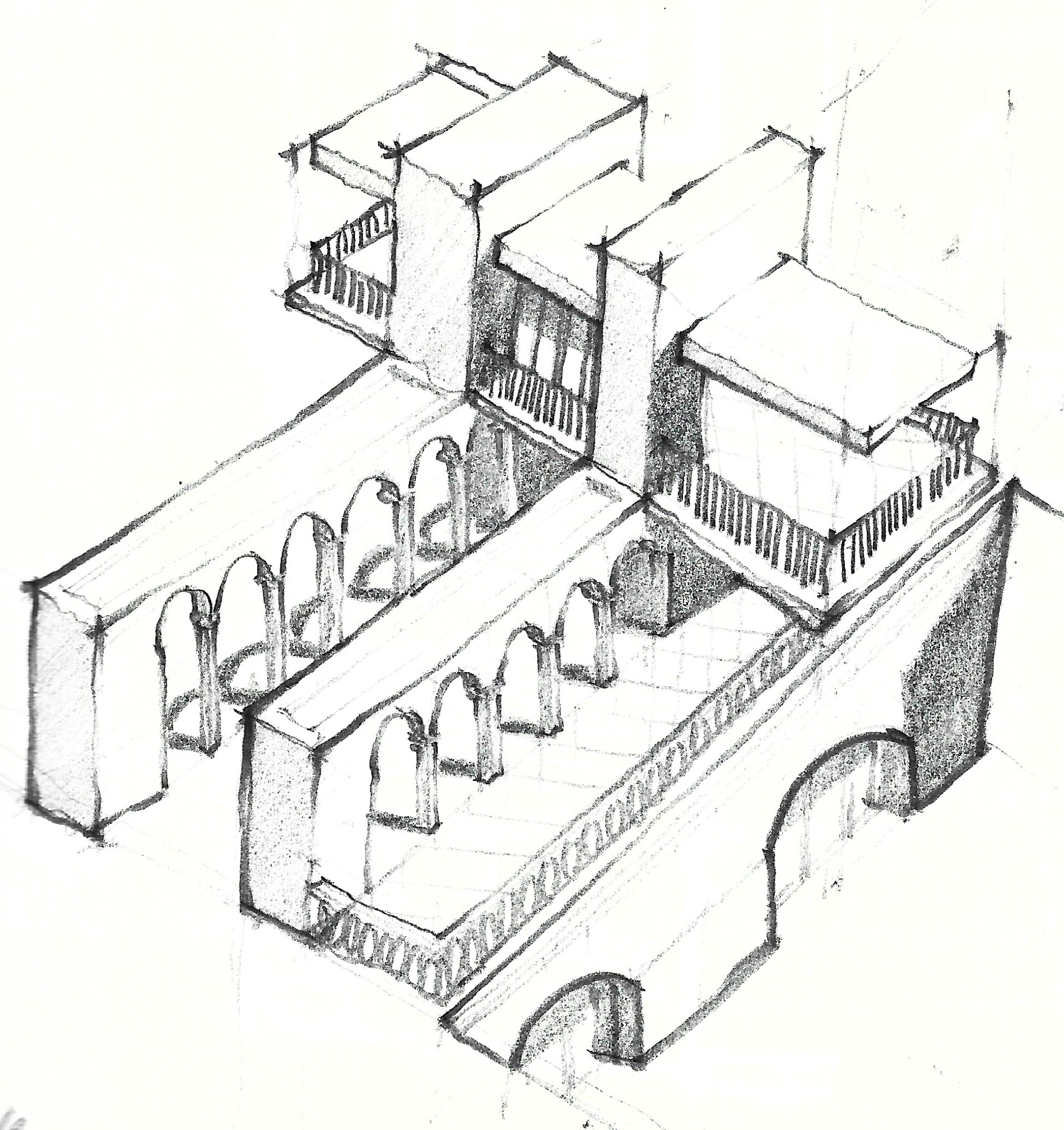 A black and white pencil sketch of a multi-level architectural structure with arches, staircases, and balconies.