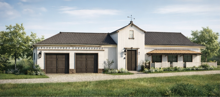 White farmhouse-style house with two garage doors, a covered porch, and a small tower-like structure, surrounded by green grass and trees under a cloudy sky.
