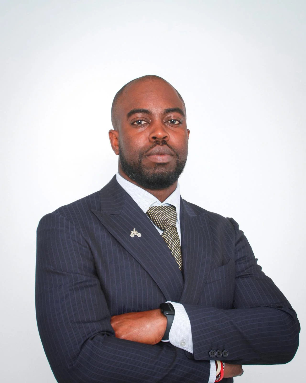 A man in a dark pinstripe suit with a white shirt and patterned tie, standing with arms crossed against a plain white background.