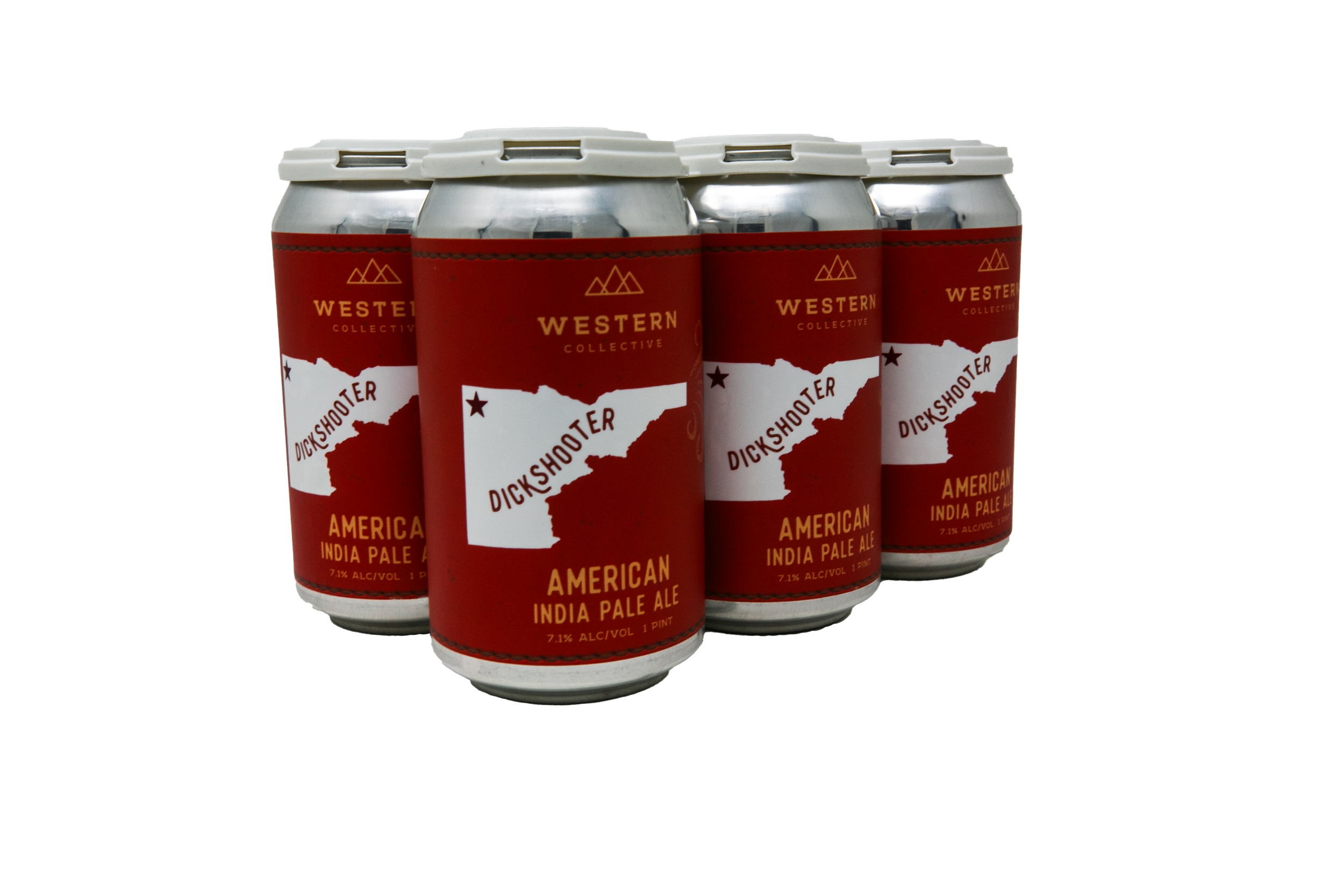 Four cans of Western Collective Dickshooter American India Pale Ale with red and white labels featuring a mountain outline and star.