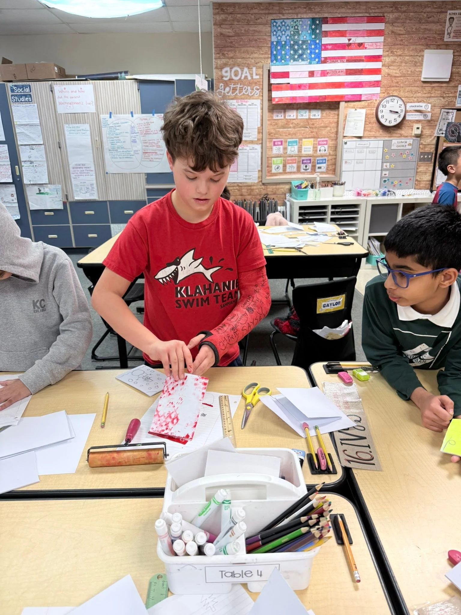 This year I've been volunteering in Hudson's classroom as an art docent. We made holiday cards today and so many kids wanted to make "67" ones lol. 

As a side note- poor Hudson fractured his elbow and had to get a cast today!