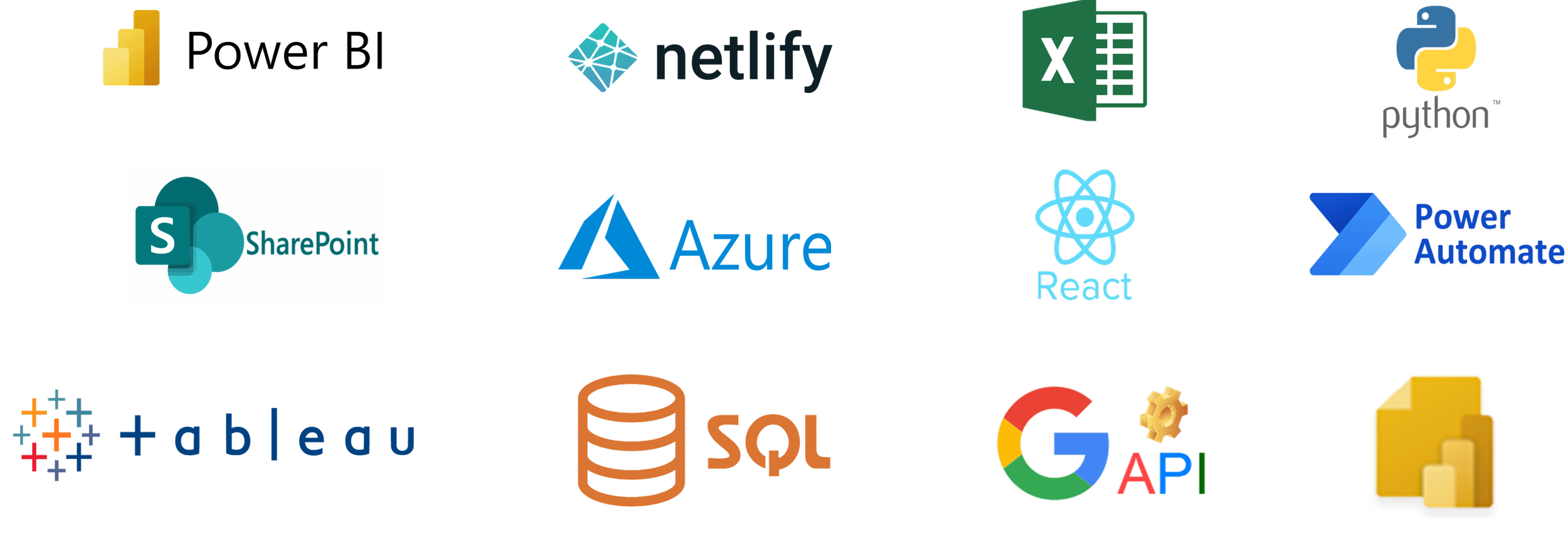 Diagram showing data integration and analysis tools, including Power BI, SharePoint, Azure, Excel, Python, React, Power Automate, Tableau, SQL, Google API, and Power BI.