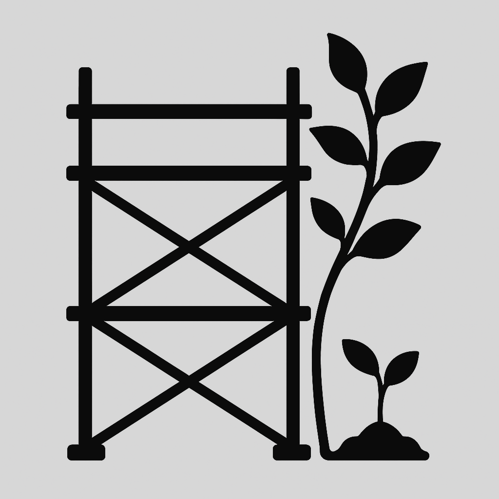 Silhouette of a tall metal tower with a plant growing next to it, set against a light gray background.