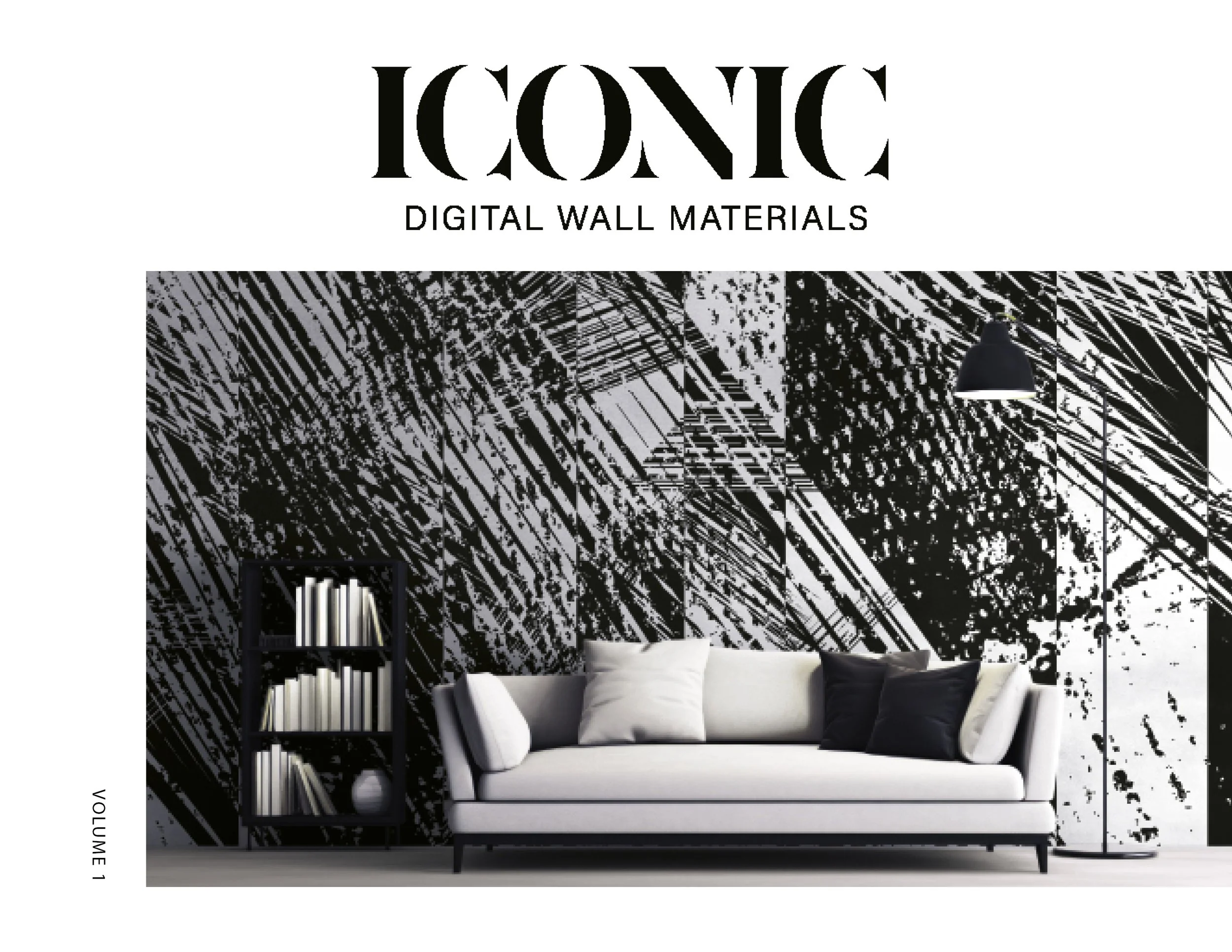 Modern black and white patterned wall behind a white sofa with black and white pillows, black floor lamp, and bookshelf with books.