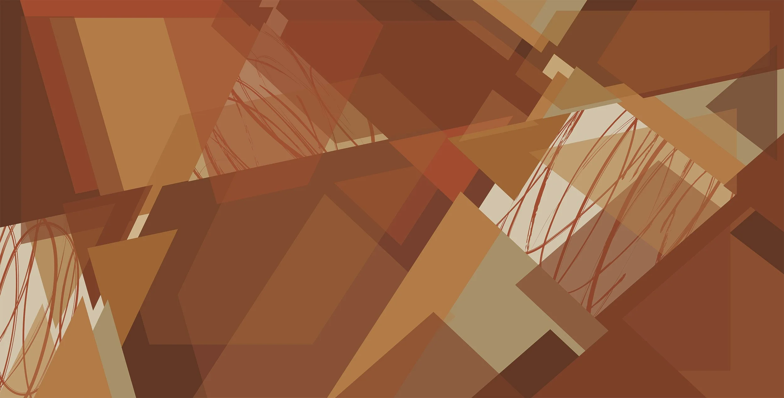 Abstract geometric artwork with overlapping shapes and lines in shades of red, orange, and beige.