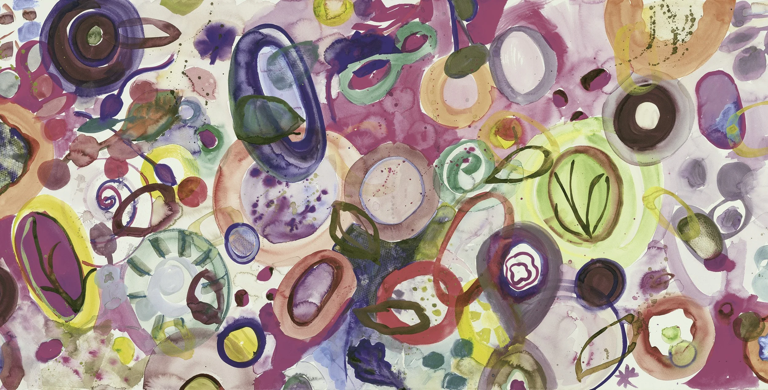 Abstract watercolor painting with colorful circles, ovals, and swirls in shades of purple, pink, green, yellow, and blue.