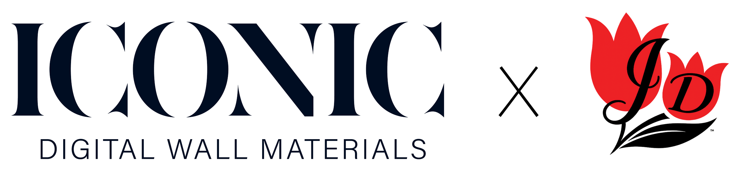 Logo for 'ICONIC' Digital Wall Materials with a stylized red tulip and black monogram in the design.