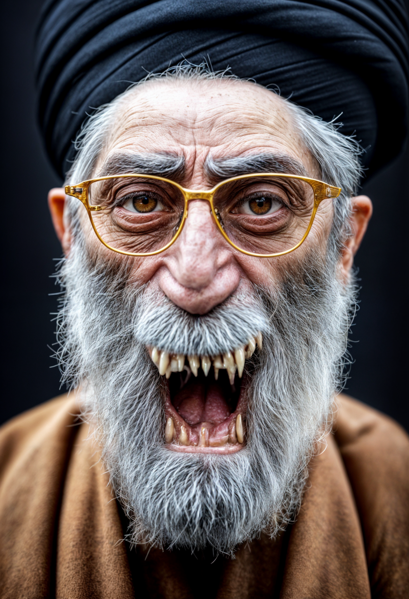 A man with a gray beard and glasses, wearing a black turban, has his mouth open in a fierce expression revealing pointed, monster-like teeth, against a black background.