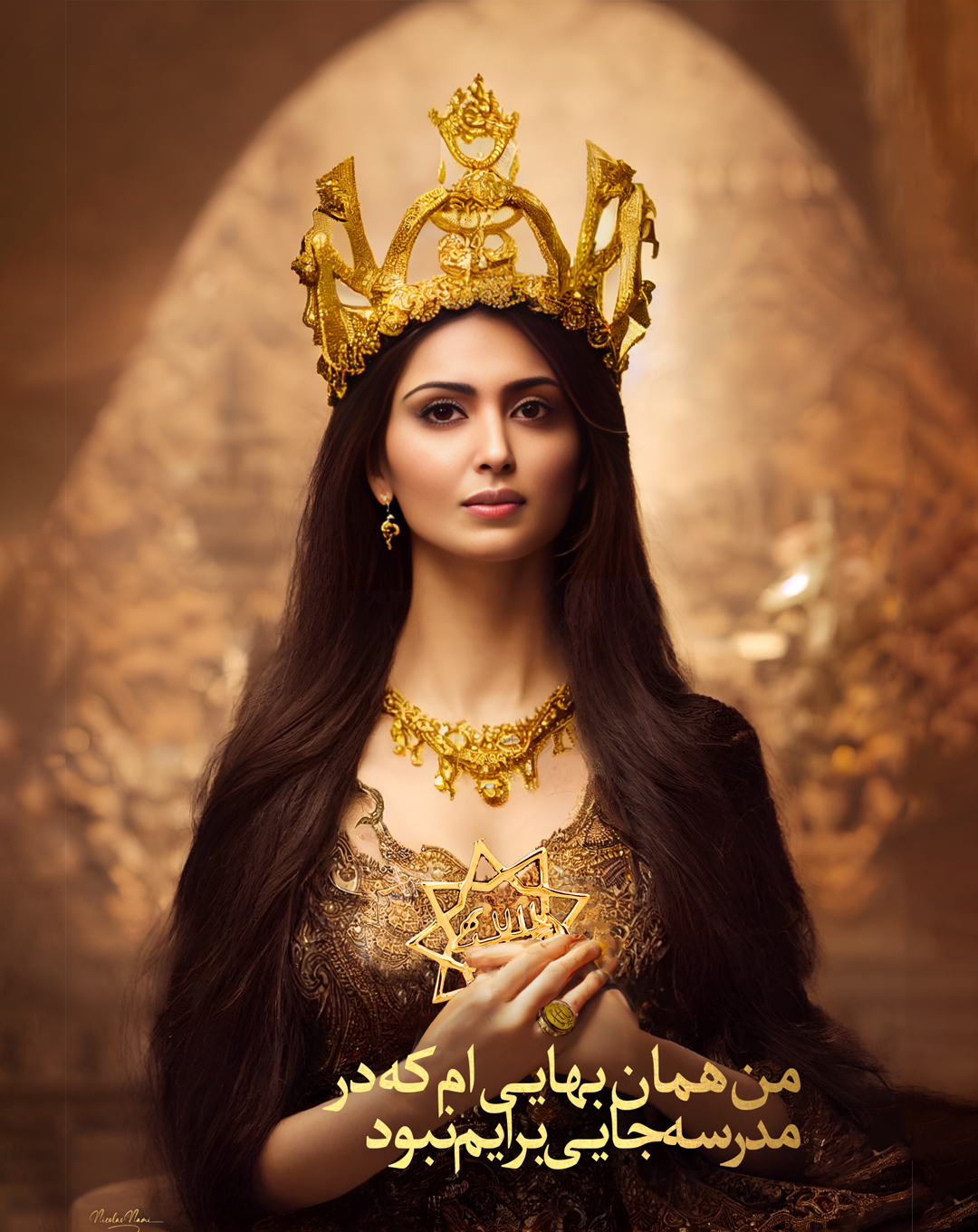 A woman in traditional attire with a gold crown and jewelry holds a star-shaped ornament. The background features a warm, blurred architectural setting. Text in Persian at the bottom reads: "I was the same as my mother in the religious school."