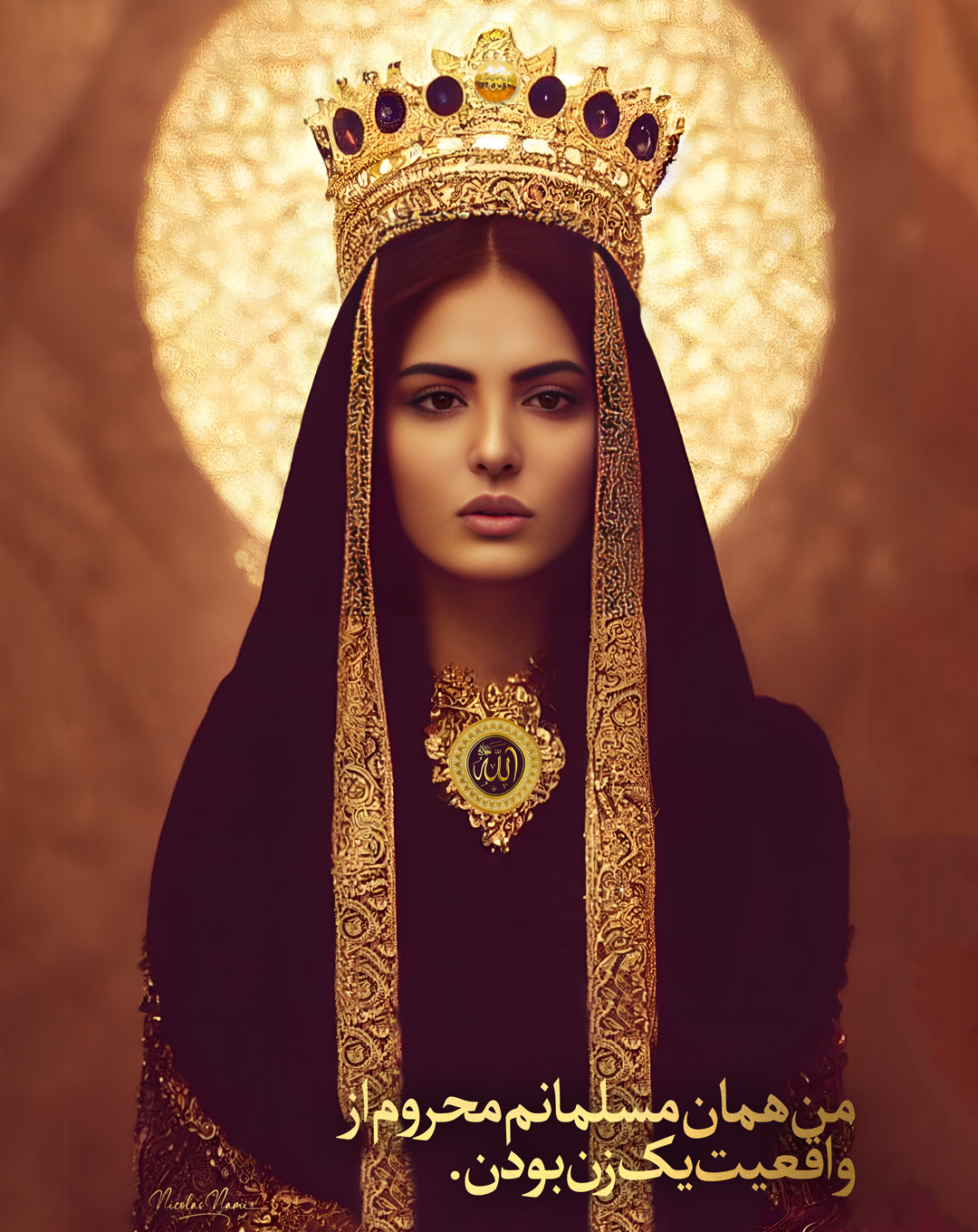 A woman dressed as the Virgin Mary wearing a gold crown and black veil with a halo-like background with Arabic calligraphy and Persian text at the bottom.