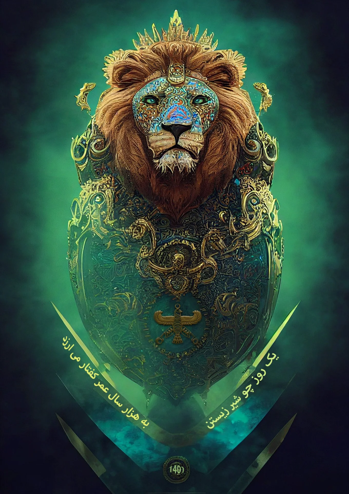 A digitally illustrated lion's head with gold and blue armor, centered on a green background, with Persian text around the shield.