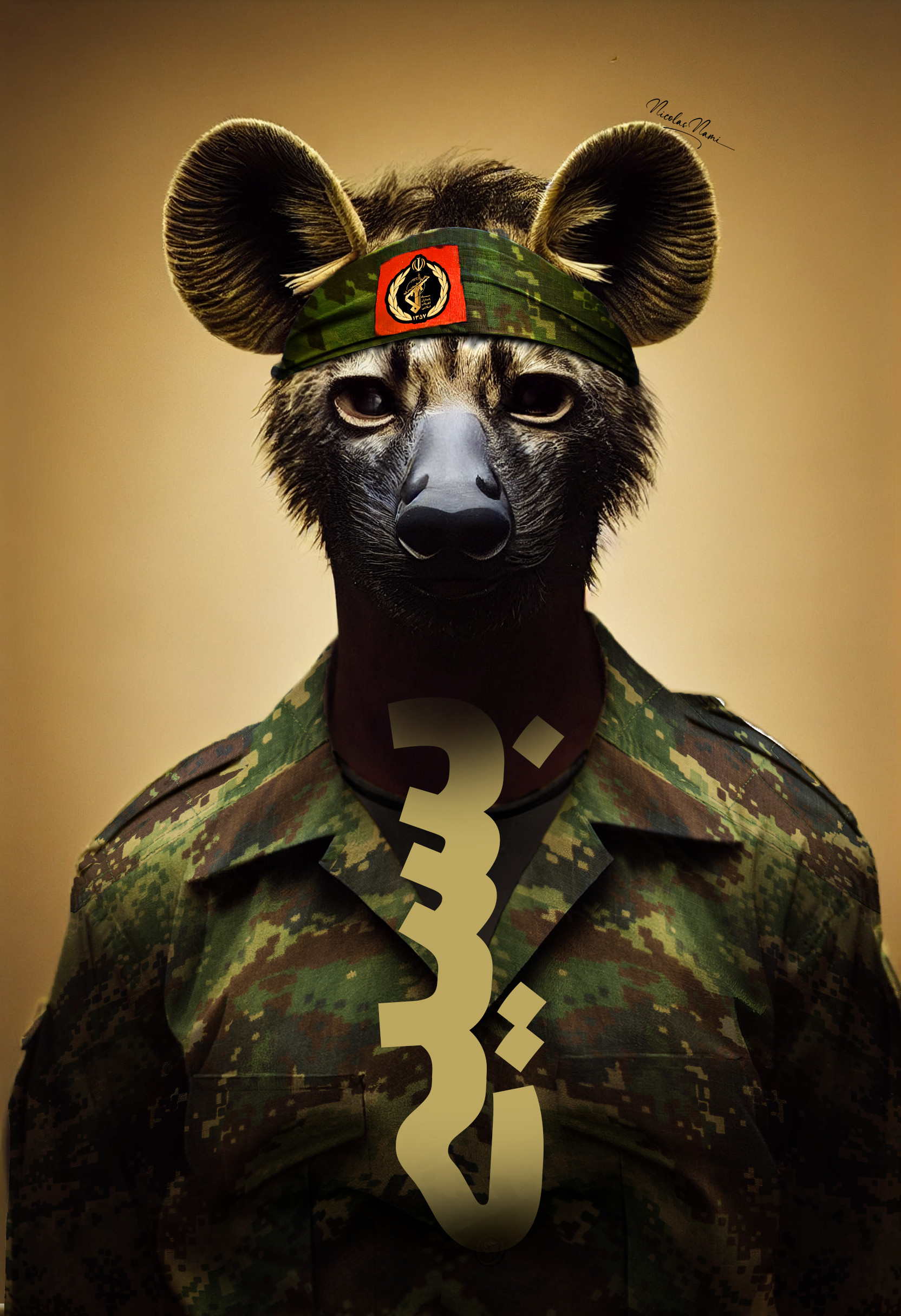 A digitally edited image of a wolf wearing military camouflage uniform, with a mouse face and large mouse ears, sporting a tactical headband with a militaristic emblem, and an stylized snake figure in front of the lower torso.
