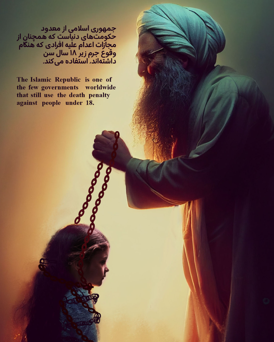 Illustration of an elderly man with a beard wearing a turban, holding a chain attached to a young girl with long hair, against a gradient background. The image includes text in both Farsi and English about the death penalty used by the Islamic Republ