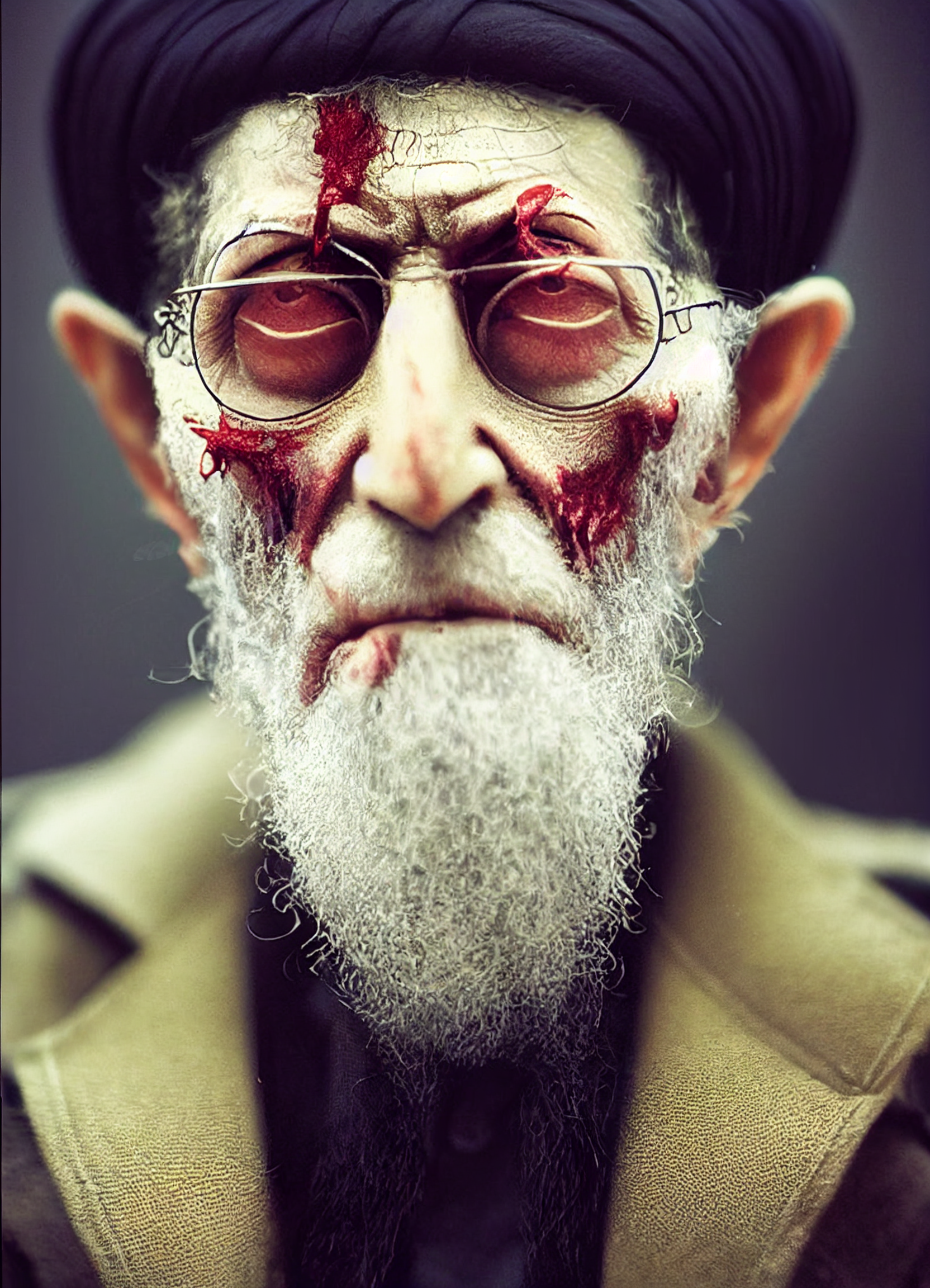 A close-up of a zombie clown with pale skin, blood around the eyes and mouth, wearing glasses and a dark hat.