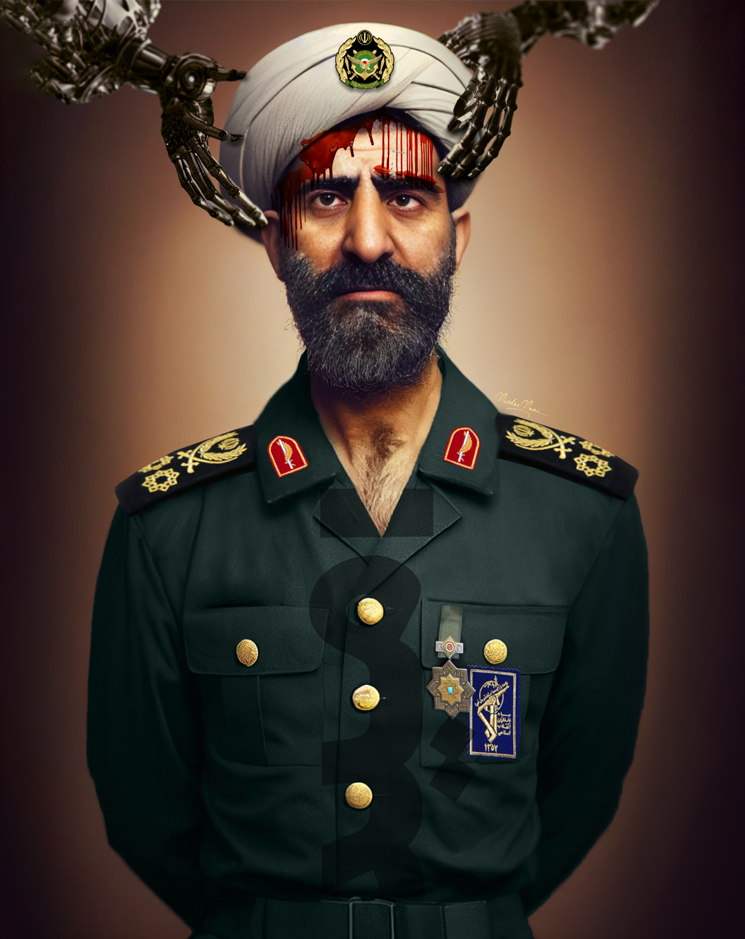 A man in military uniform with a white turban and medals on his chest, with digital robotic arms holding a bloodied headband on his forehead and a badge with an emblem on his turban