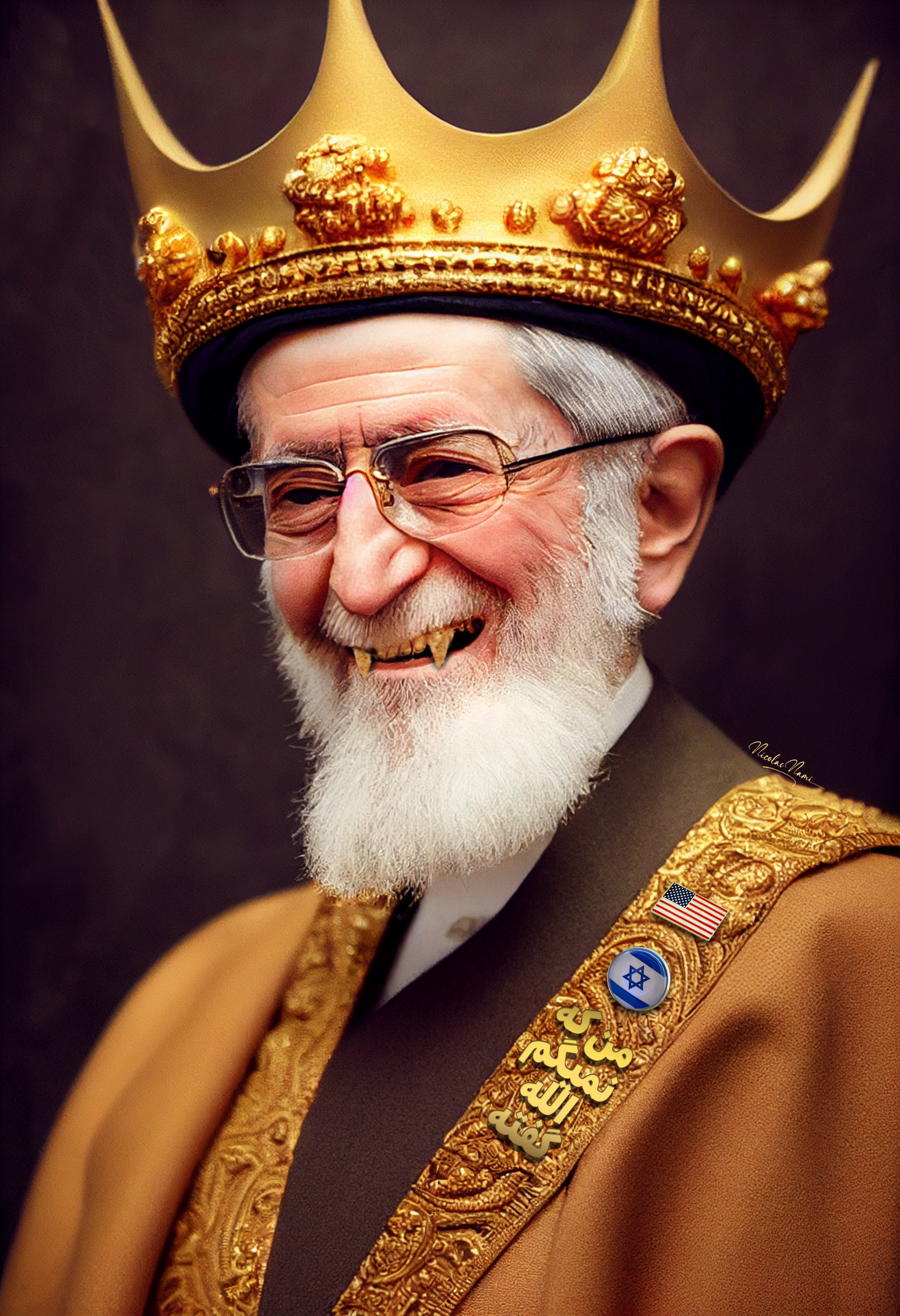 A cheerful elderly man with a grey beard and glasses wearing a golden crown and a royal robe decorated with gold embroidery, American and Israeli flags, with a humorous expression showing vampire-like teeth.