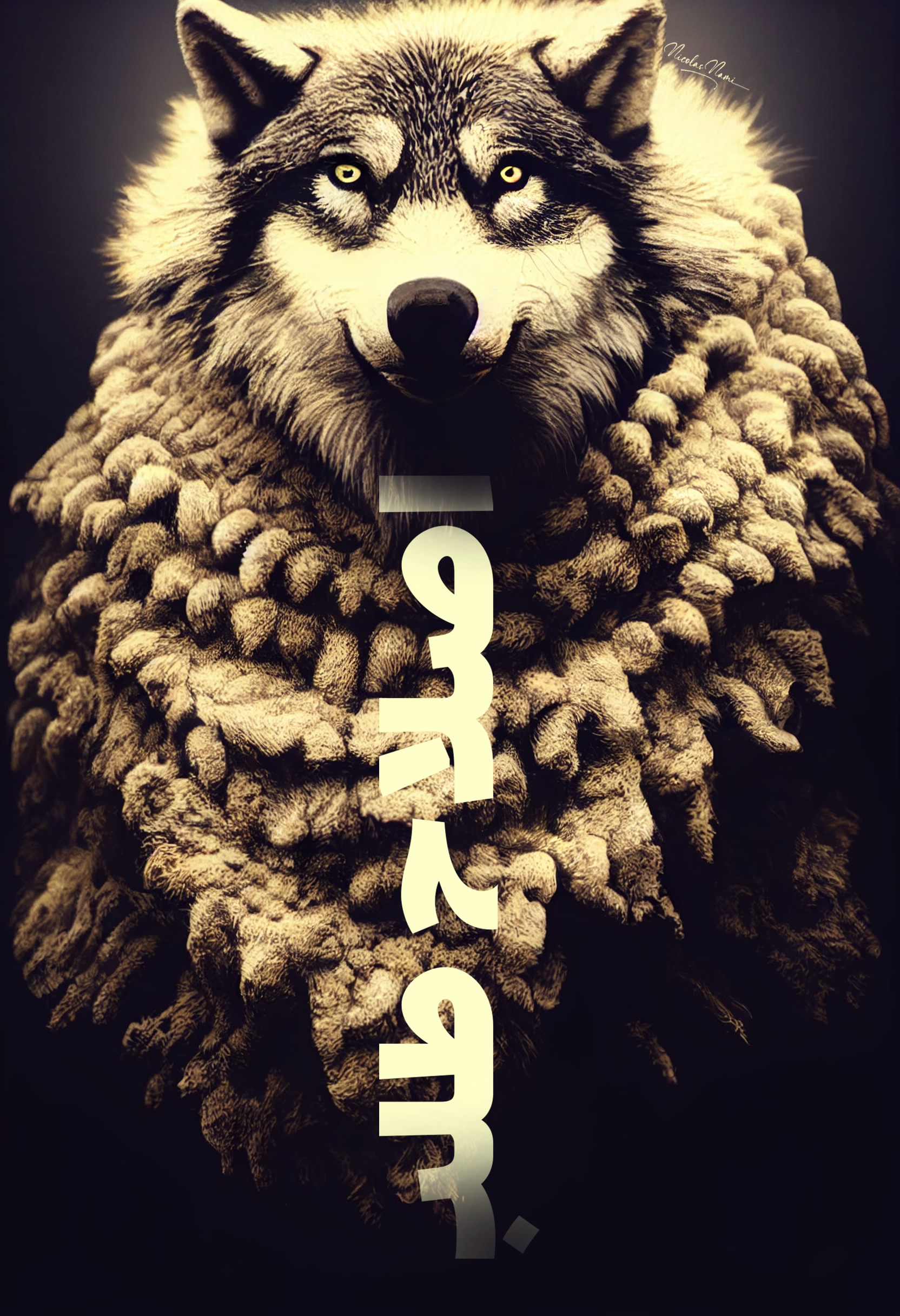 A detailed drawing of a wolf's face with piercing yellow eyes, surrounded by a thick, textured fur collar, with the word 'WOLF' written vertically in white overlaying the center of the image.