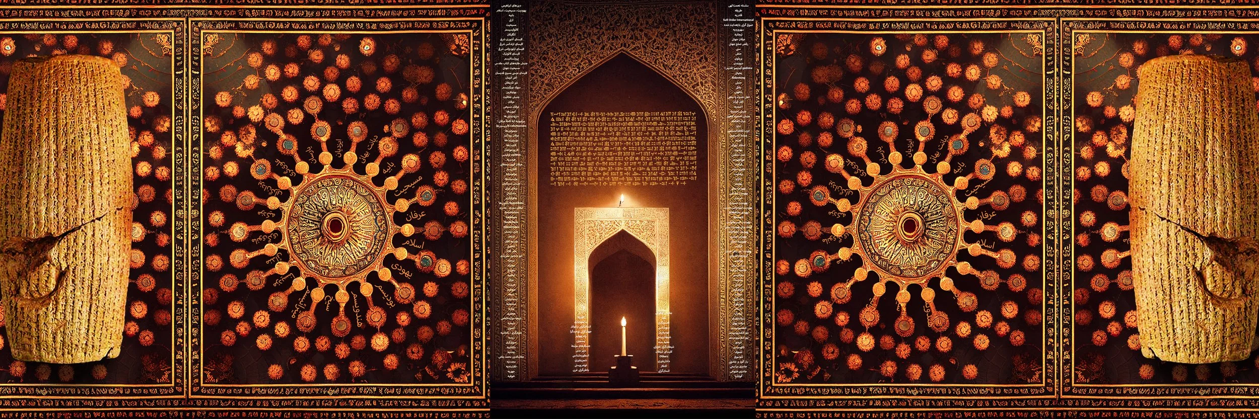 Decorative wall with Arabic calligraphy, floral patterns, and lantern motifs, illuminated by candles and topped with an archway in an ornate interior setting.