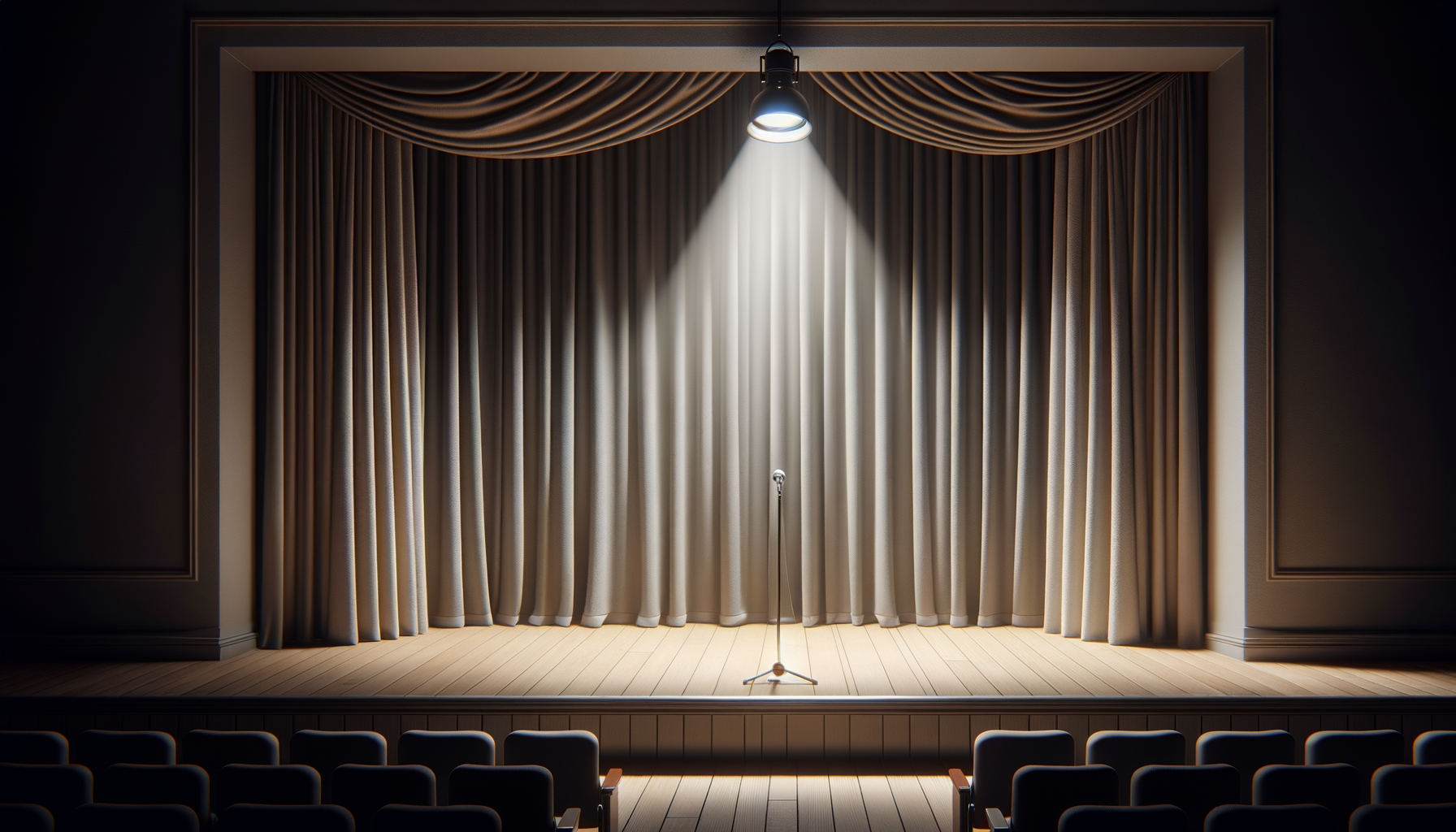 Empty theater stage with closed beige curtains, a single microphone on a stand under a spotlight, and rows of upholstered seats in the foreground.