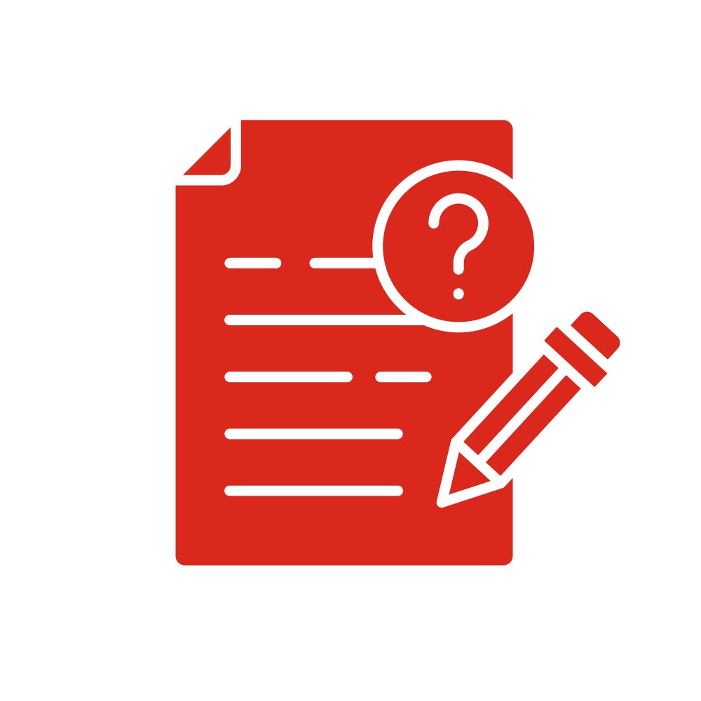 Documento con un lápiz y un círculo con signo de interrogación, indicando revisión o pregunta sobre el contenido del documento.