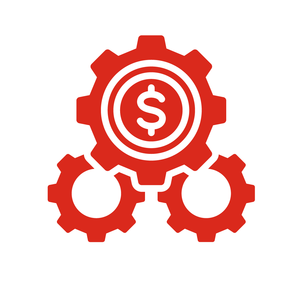 Icono de engranajes rojos con símbolo de dólar en el centro.