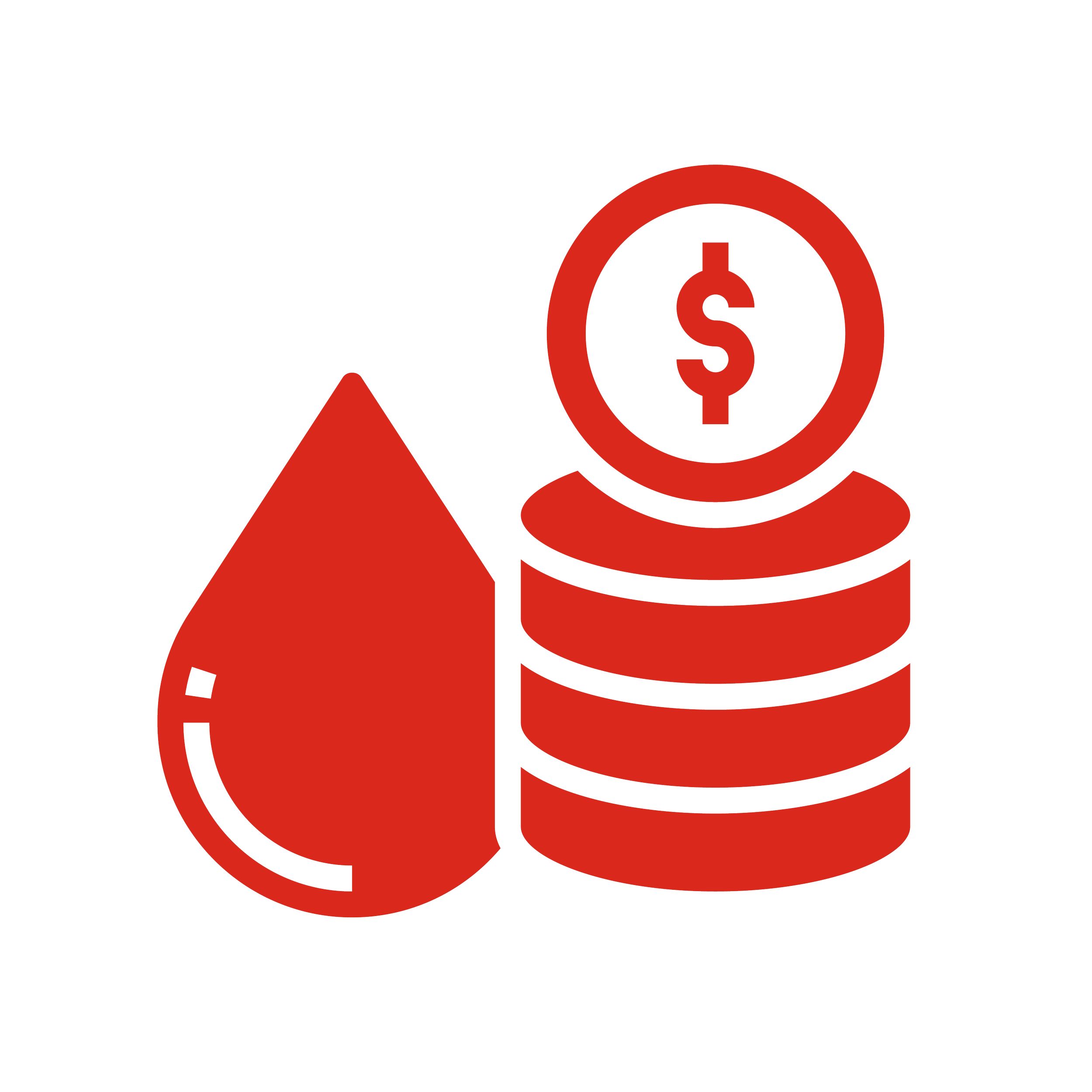 Icono en color rojo de un gotero y monedas apiladas con símbolo de dólar.