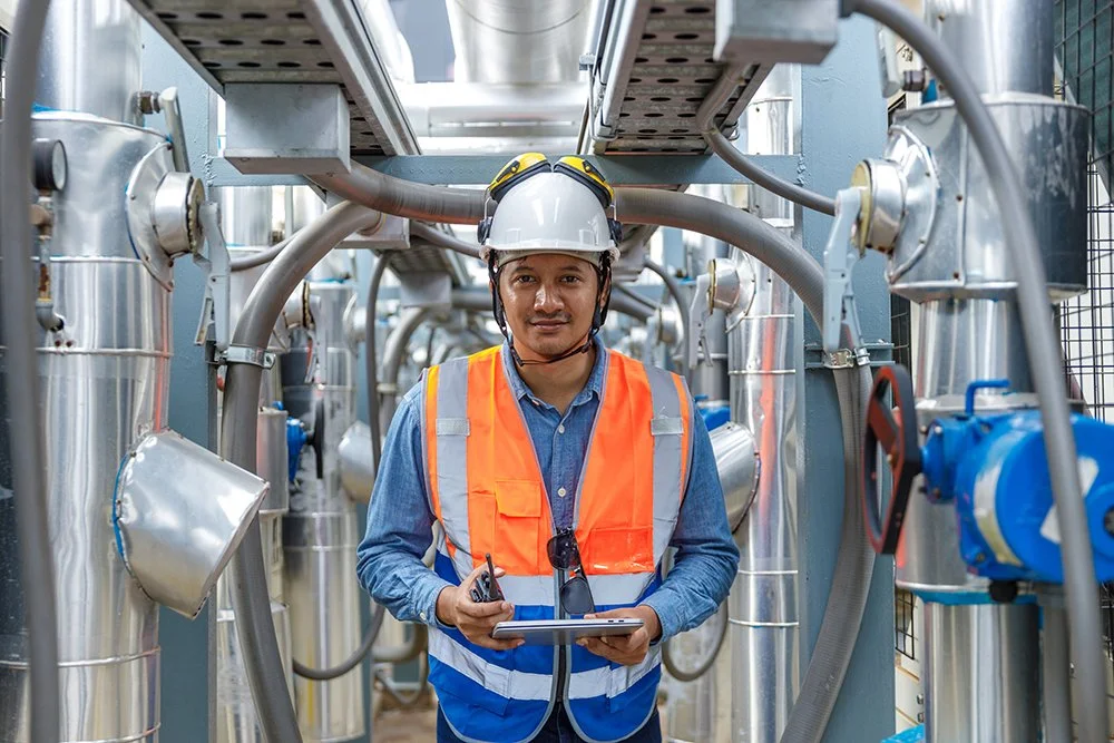 Hombre con casco y chaleco de seguridad en un entorno industrial con tuberías de metal.
