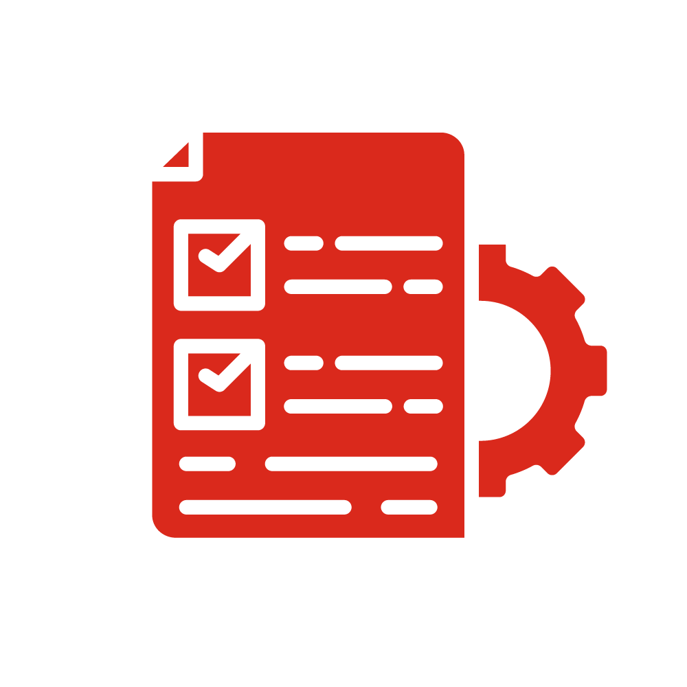 Icono de documento con lista de verificación y engranaje en el fondo, en tonos rojos y negros.
