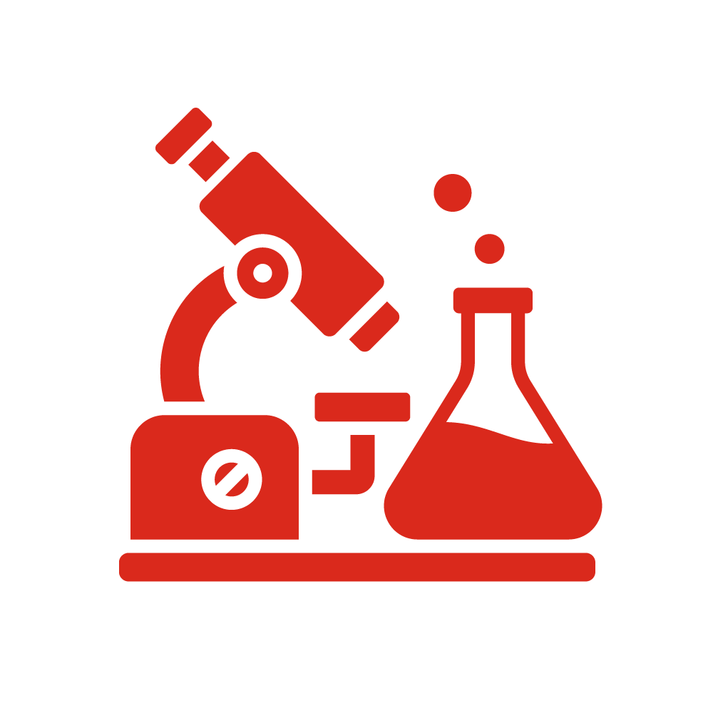 Icono de color rojo de un microscopio y un matraz de laboratorio en un fondo negro.