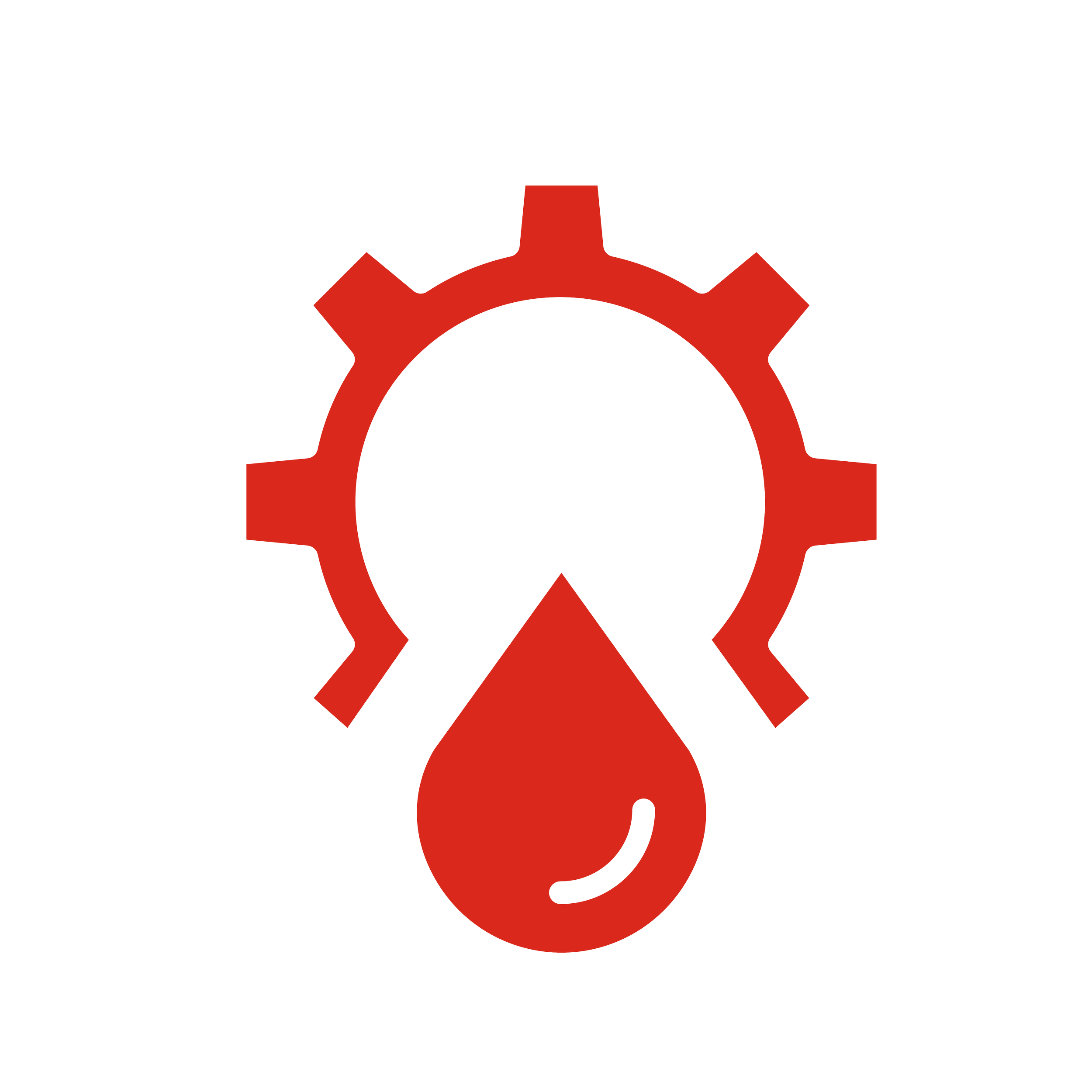 Icono de una gota sangrienta en el centro de un engranaje rojo, simbolizando la reparación o el control de la pérdida de sangre.