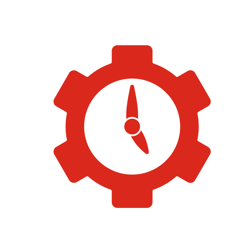Icono de un engranaje rojo con un reloj en el centro, simbolizando programación o gestión del tiempo.