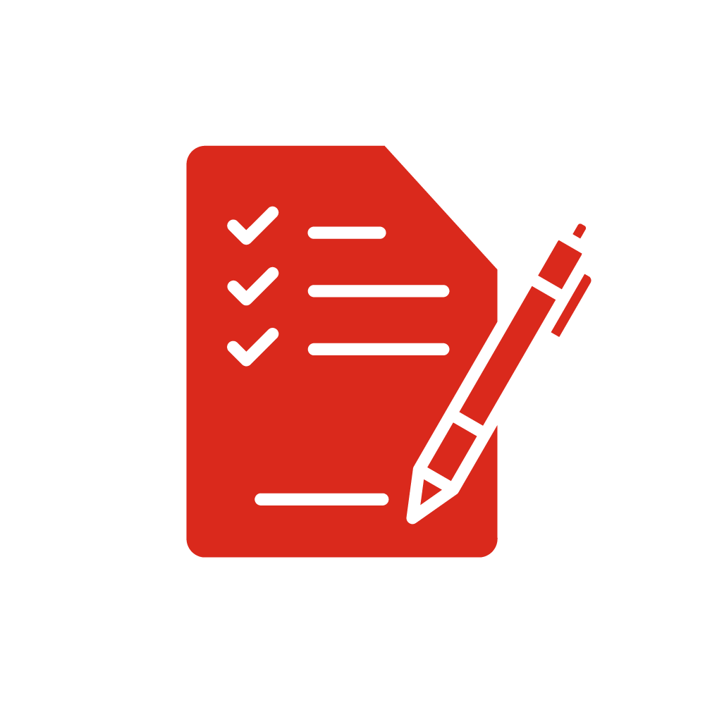 Un icono de un documento con marcas de verificación y un bolígrafo, representando una lista de tareas o una revisión.