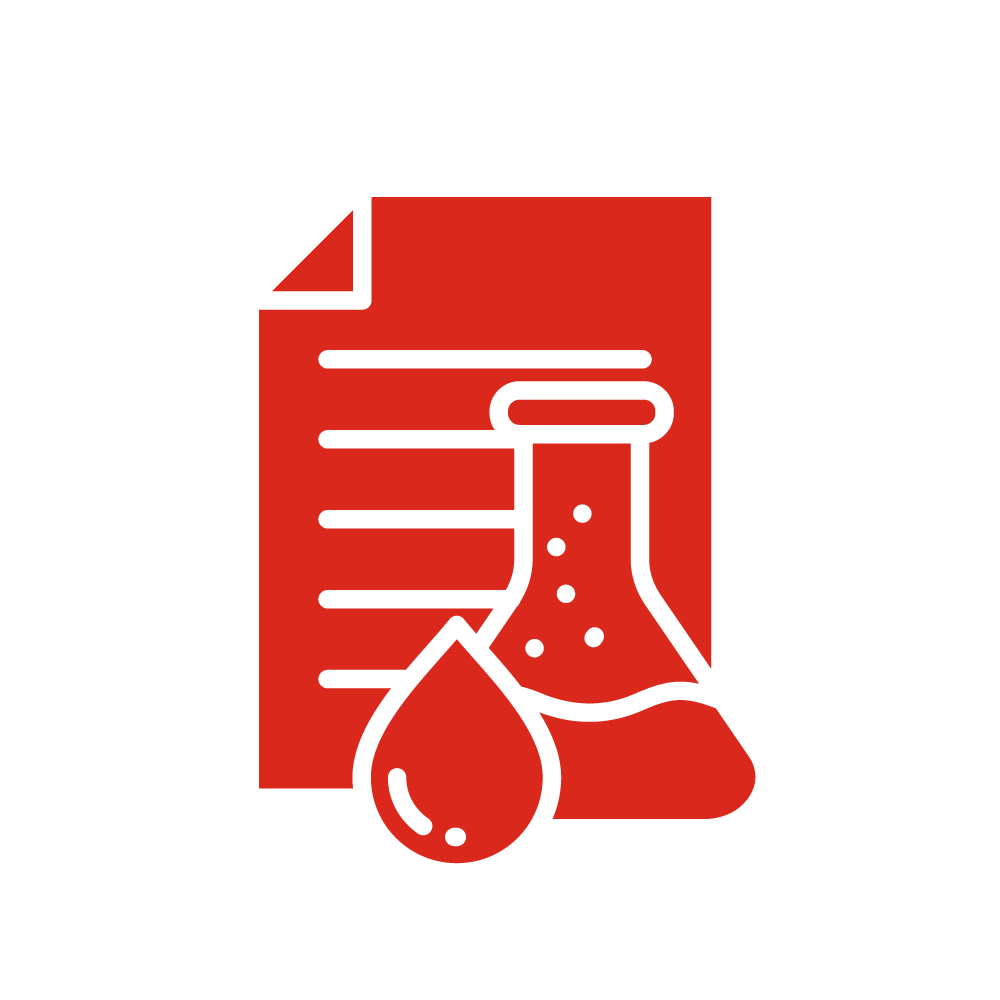 Icono de un líquido derramándose sobre un vaso de fondo rojo con líneas horizontales negras.
