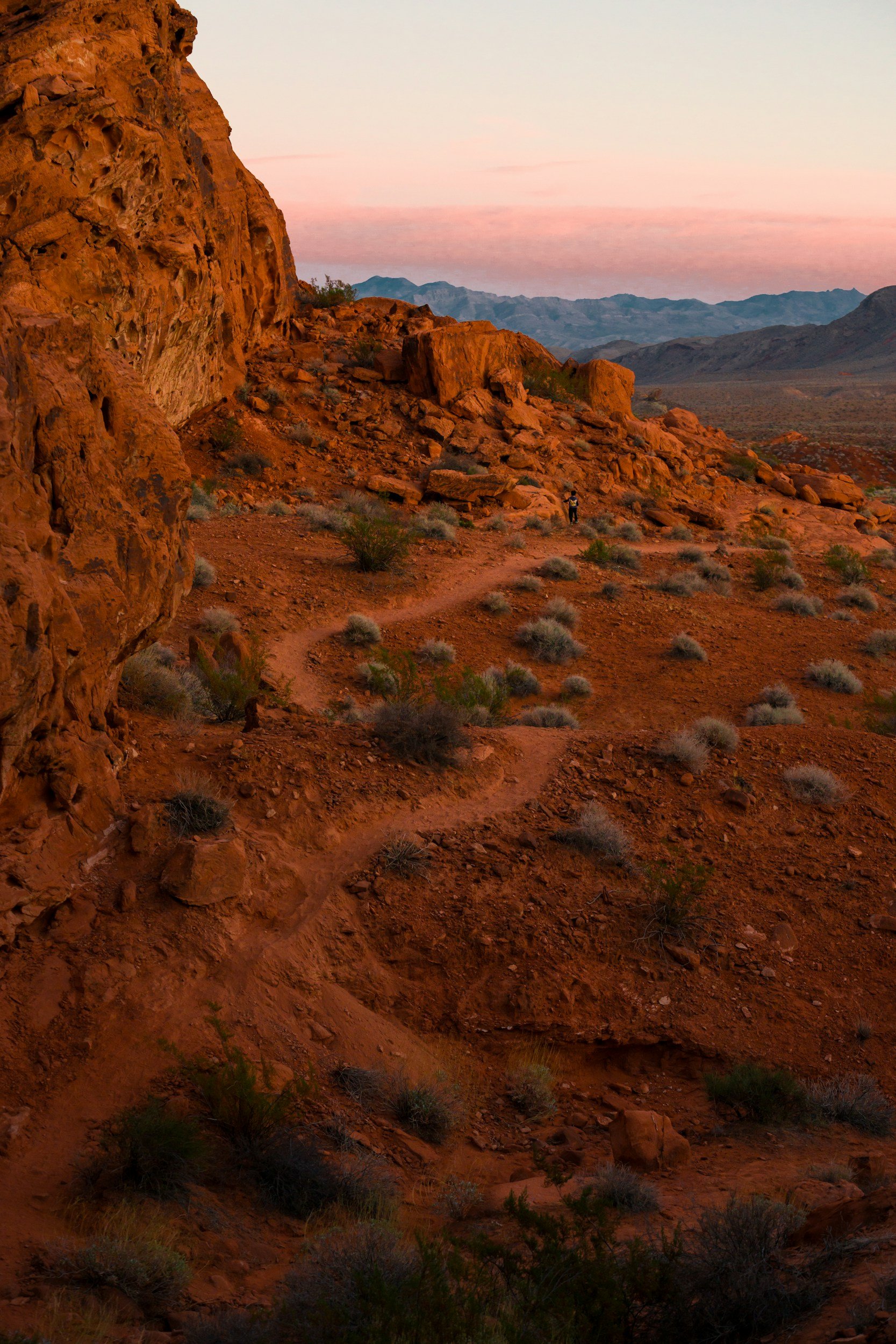 A rugged desert landscape with red rocks and sparse desert vegetation. The sky has soft pink hues, indicating sunrise or sunset, with mountain ranges in the distance and a person walking along a dirt path.