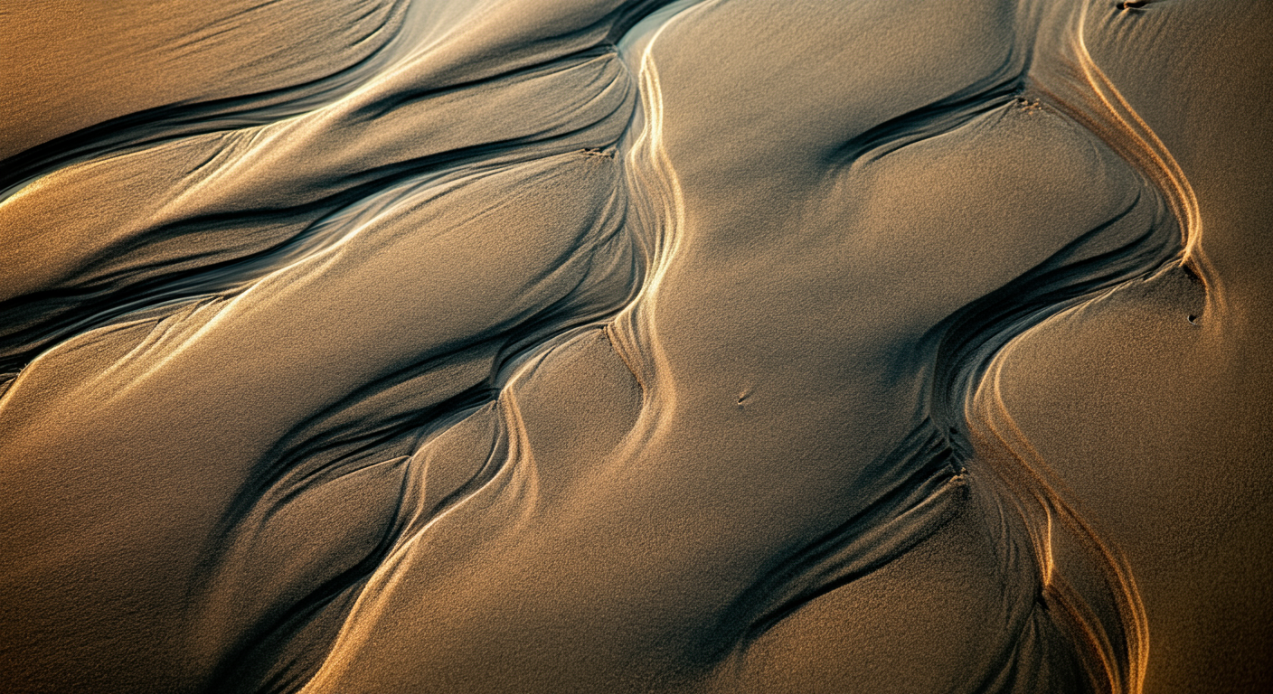 Aerial view of sand dunes with wind-shaped ridges in warm tones.