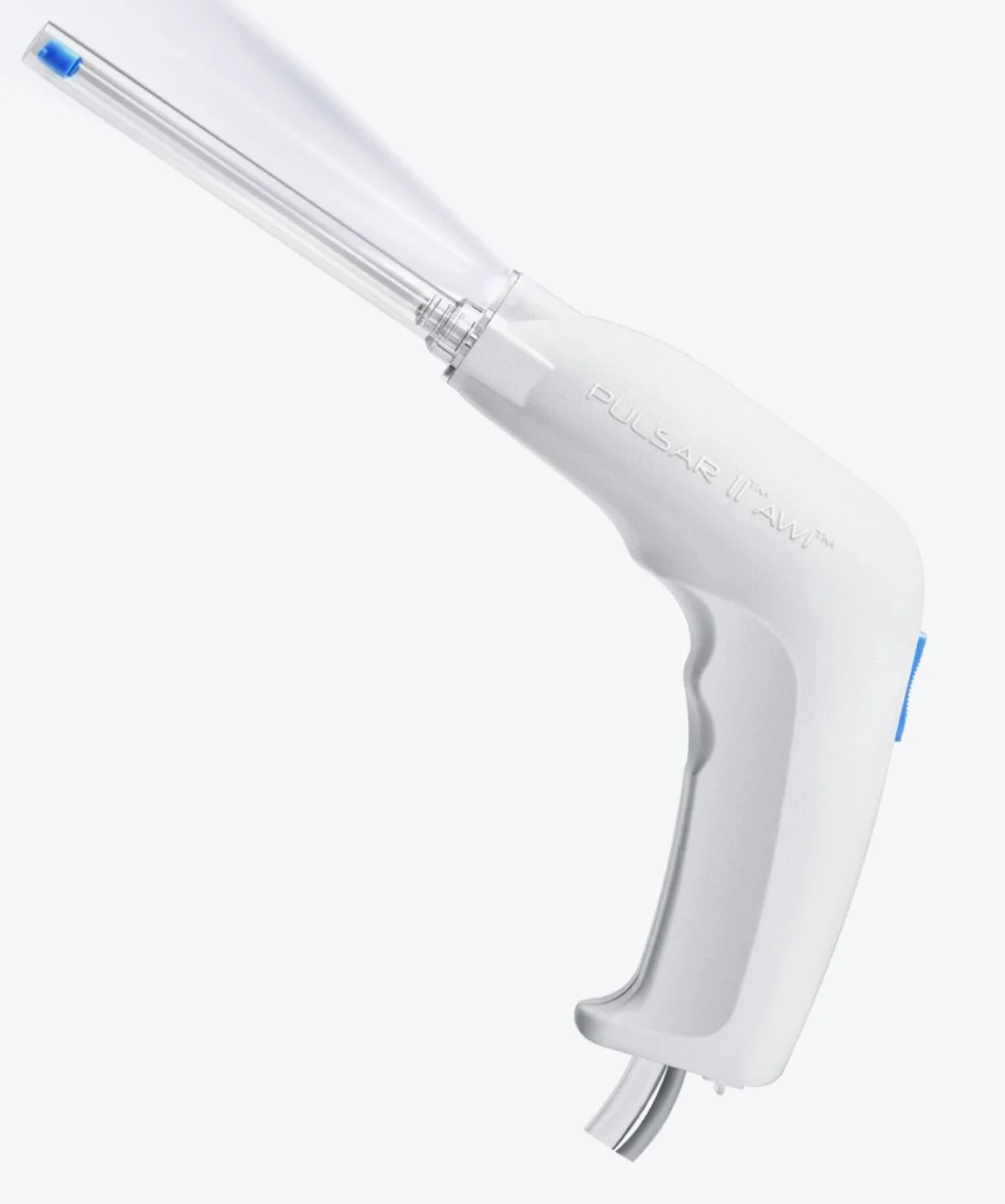 A white medical or dental suction device with a clear tube and a blue component, labeled 'PULSAR IV/AWP.'